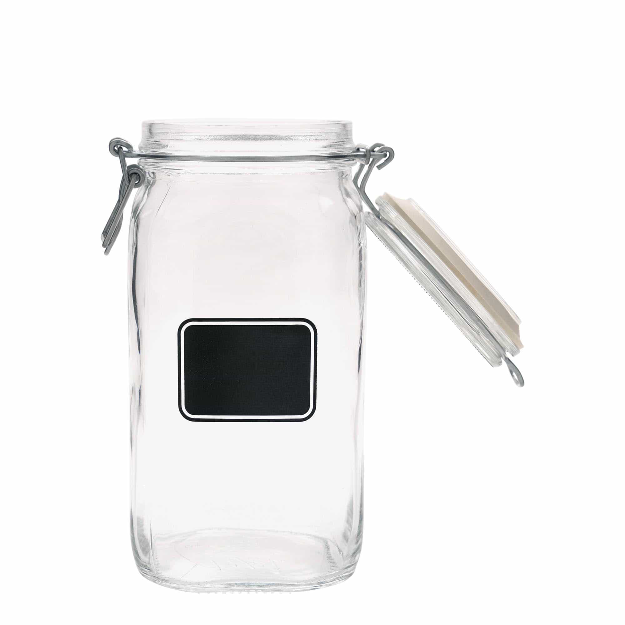 1500 ml patenttikorkkilasipurkki 'Fido', kuvio: etikettialue, neliö, suu: patenttikorkki