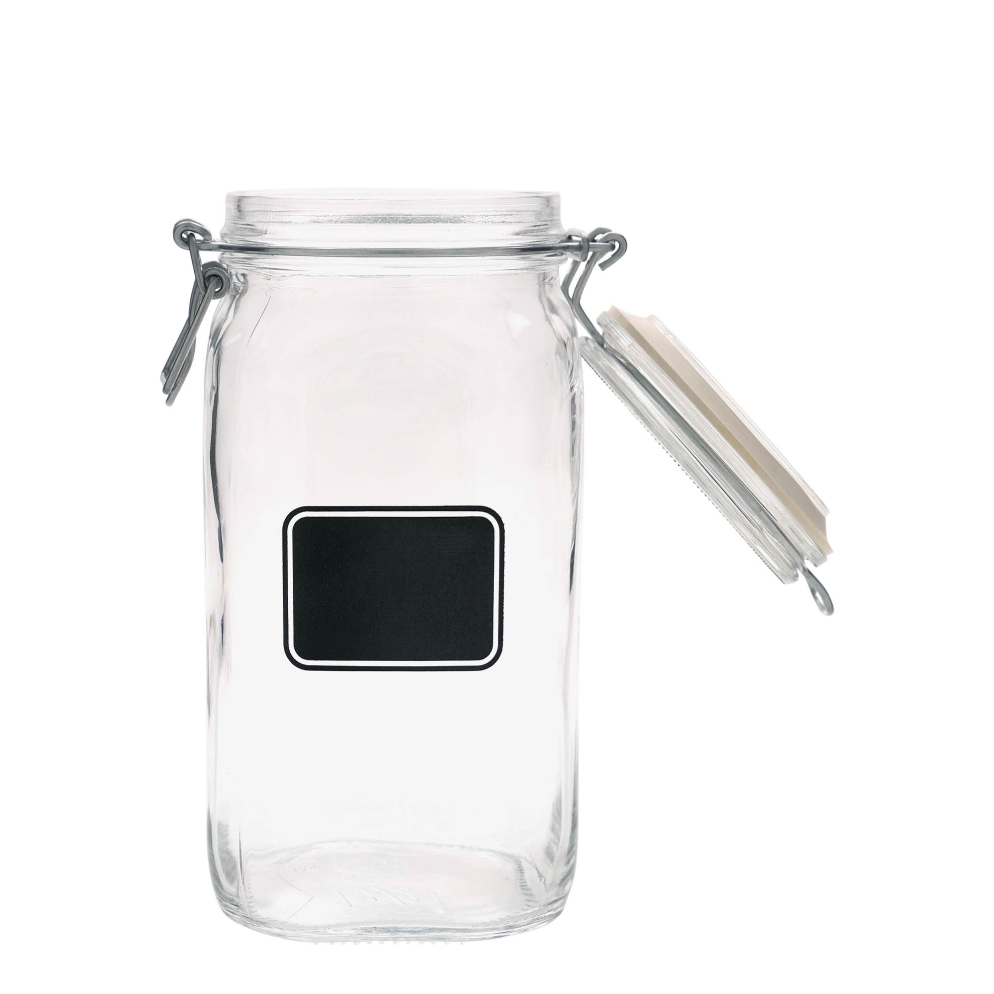 1 500 ml:n lankakahvainen lasipurkki 'Fido', koriste: etikettikenttä, neliö, suuaukko: lankakahvalukko 1 500 ml:n lankakahvainen lasipurkki 'Fido', koriste: etikettikenttä, neliö, suuaukko: lankakahvalukko