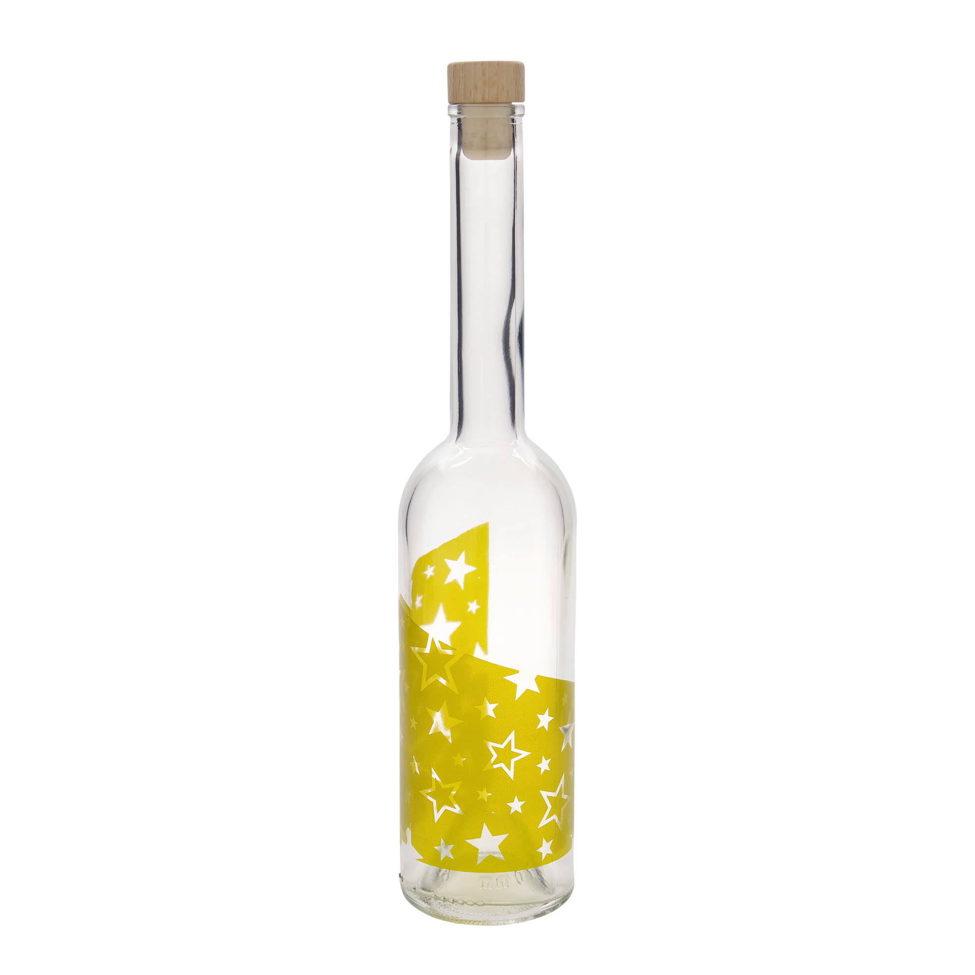 500 ml lasipullo 'Opera', kuvio: kultatähdet, suuaukko: korkki 500 ml lasipullo 'Opera', kuvio: kultatähdet, suuaukko: korkki