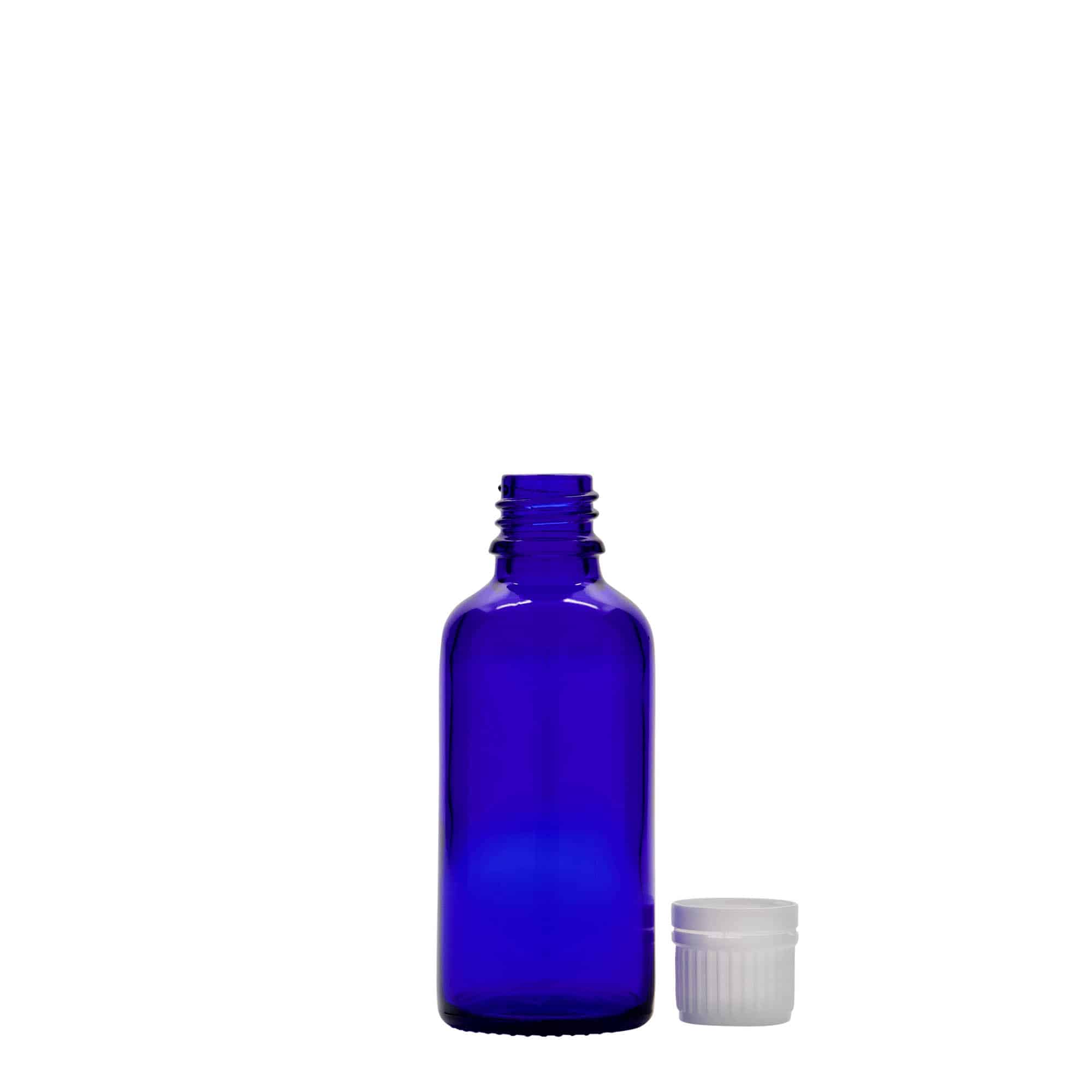 50 ml lääkepullo, lasi, laivastonsininen, suu: DIN 18