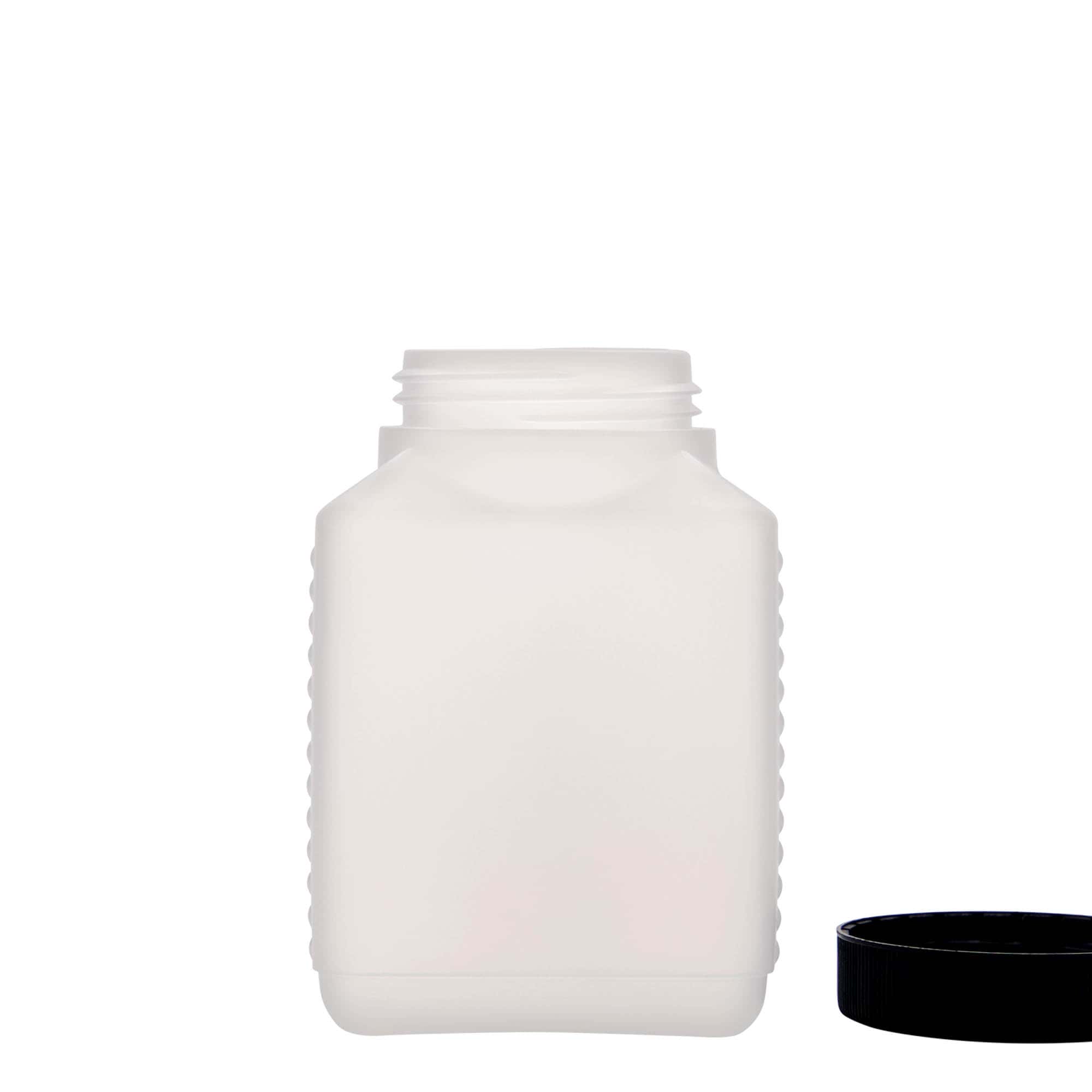 500 ml leveäkaul. pullo, nelikulm., HDPE-muovi, natur, suu: DIN 60 EPE