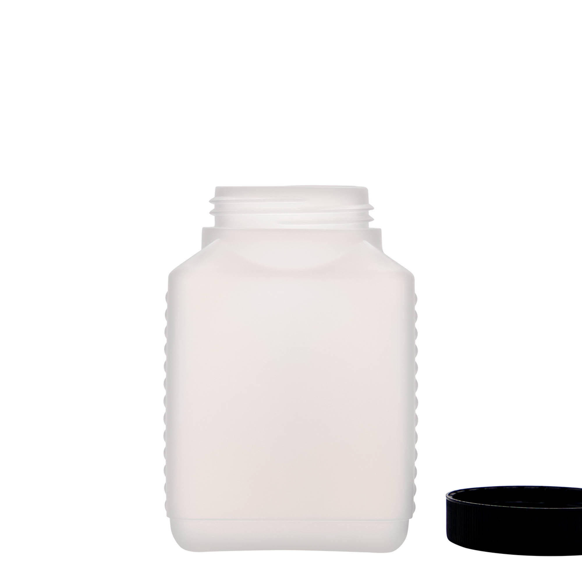 500 ml leveäkaulainen pullo, suorakulmainen, HDPE-muovia, luonnonvärinen, suuaukon koko: DIN 60 EPE