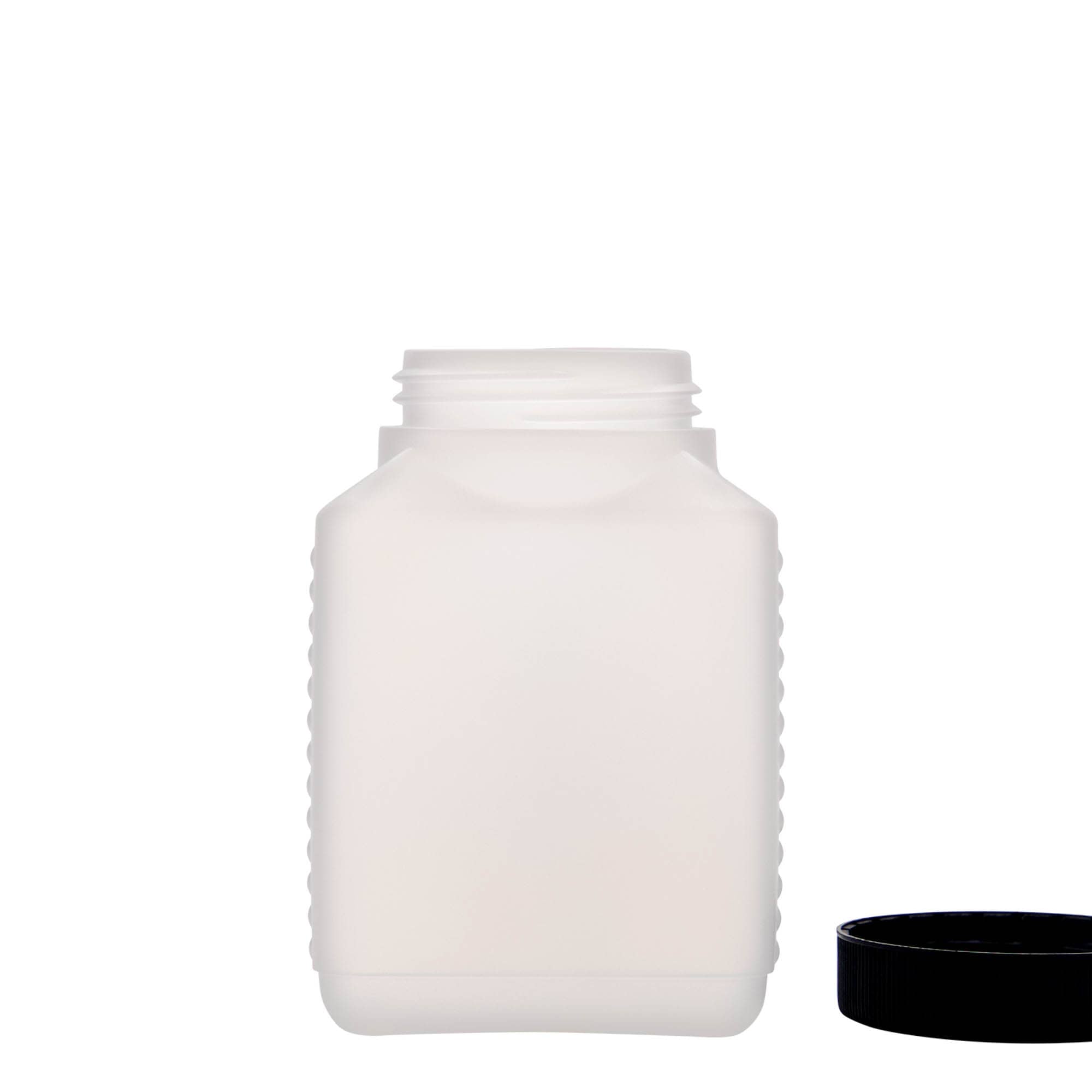 500 ml leveäkaulainen pullo, suorakulmainen, HDPE-muovia, luonnonvärinen, suuaukon koko: DIN 60 EPE