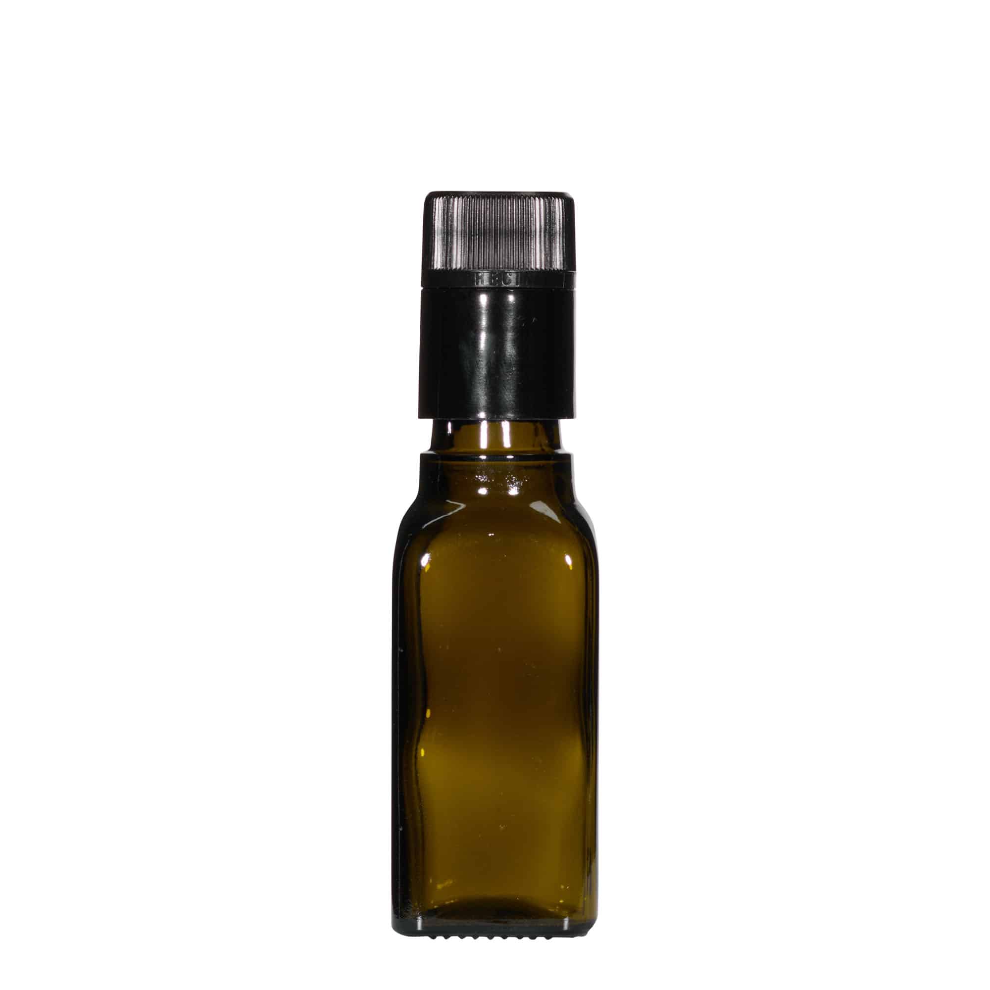 100 ml etikka-/öljypullo 'Quadra', lasi, neliö, antiikinvihreä, suu: DOP