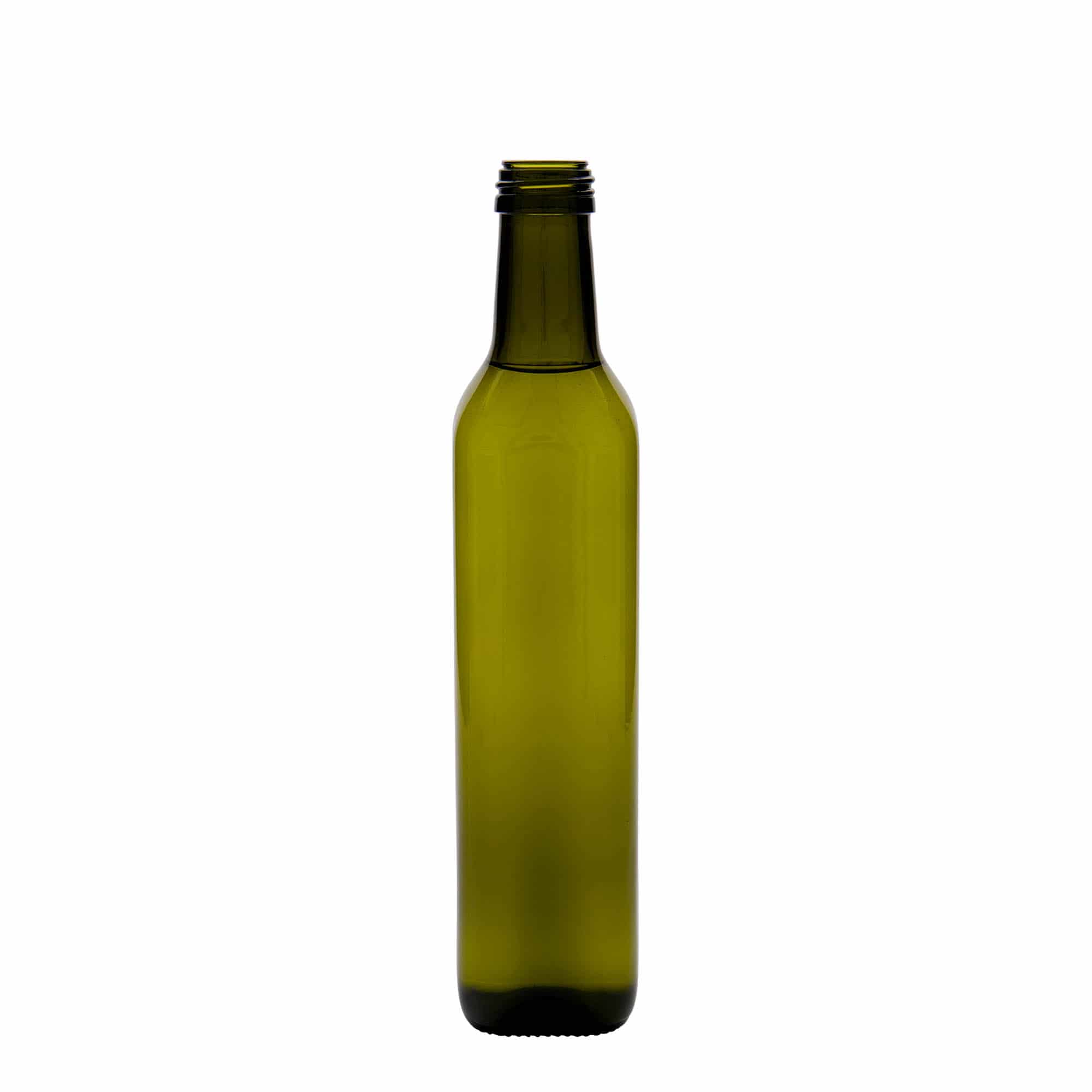 500 ml lasipullo 'Marasca', neliö, antiikkivihreä, suuaukko: PP 31,5