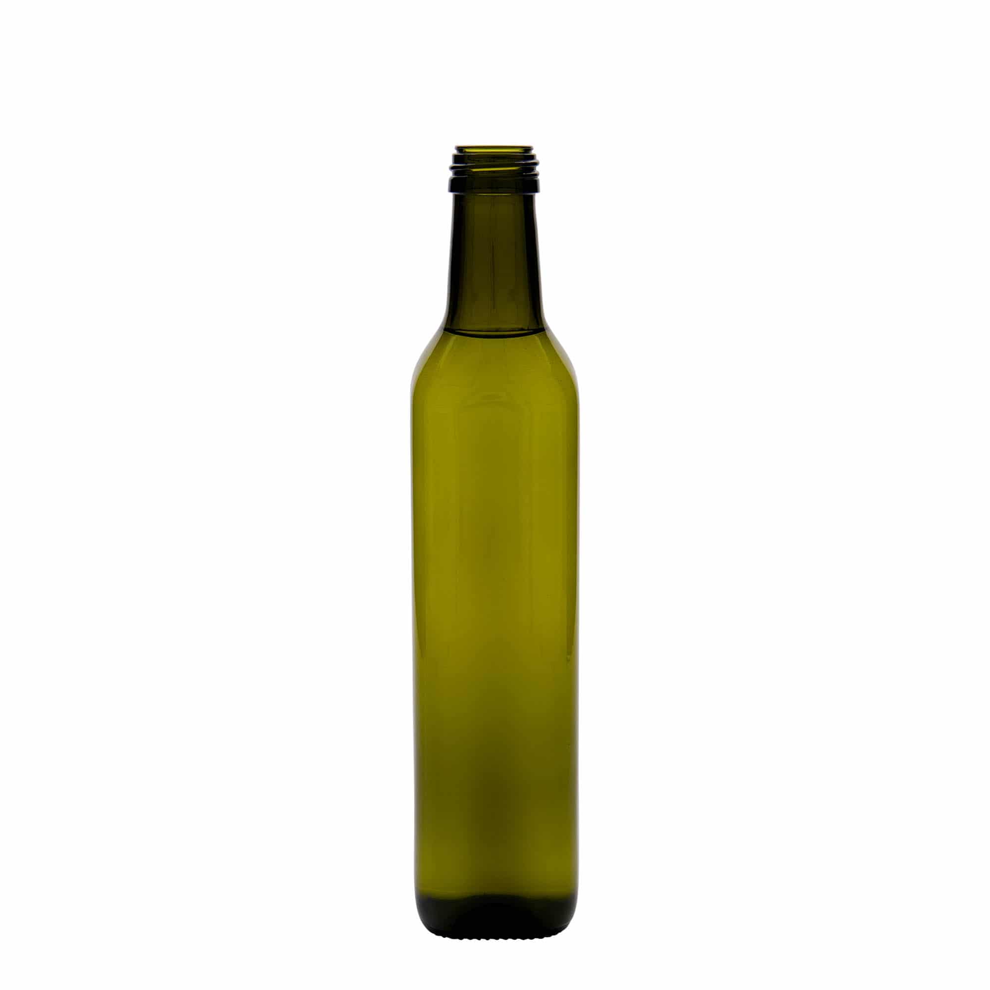 500 ml lasipullo 'Marasca', neliö, antiikkivihreä, suuaukko: PP 31,5
