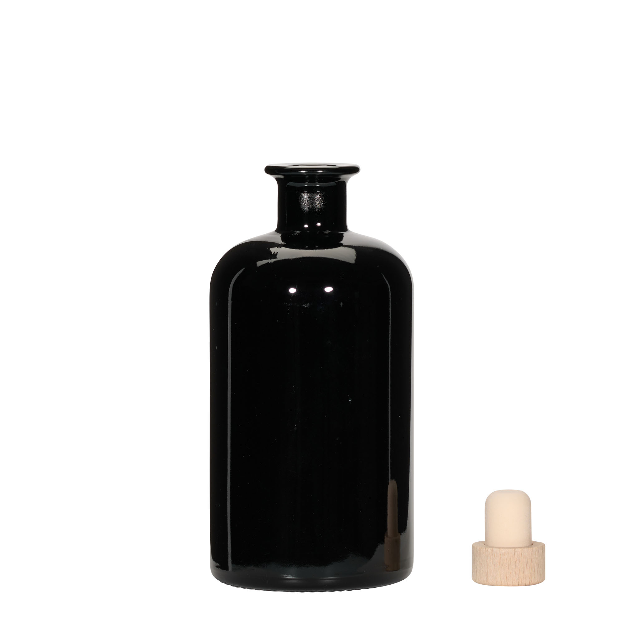 500 ml lasipullo apteekkarille, musta, suuaukko: korkki