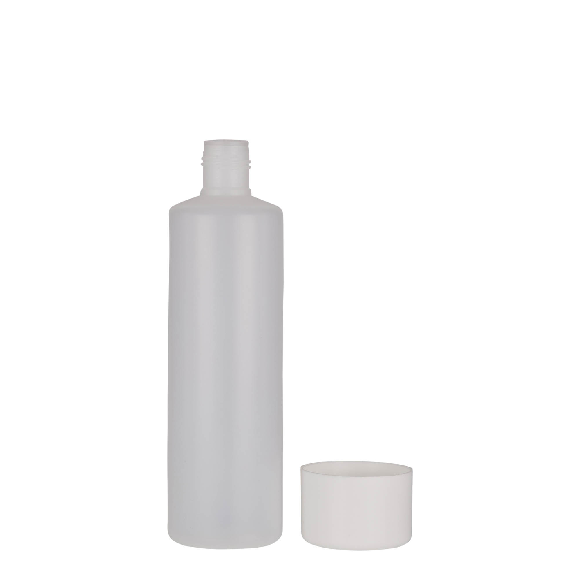 250 ml pyöreä pullo, PE-muovi, luonnonväri, suuaukko: ruuvikorkki 250 ml pyöreä pullo, PE-muovi, luonnonväri, suuaukko: ruuvikorkki
