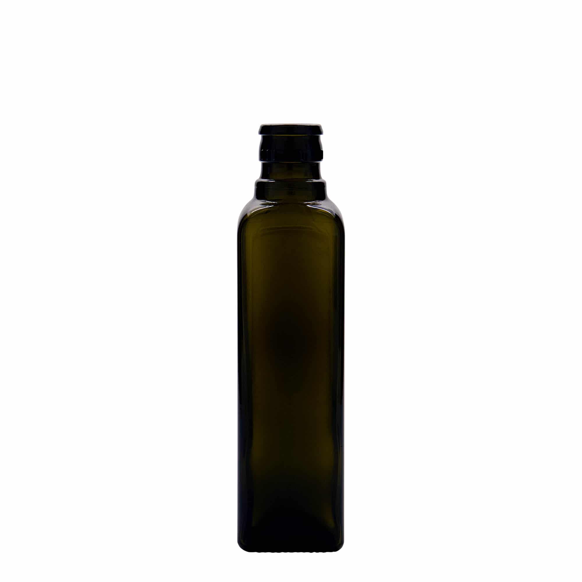 250 ml etikka-/öljypullo 'Quadra', lasi, neliö, antiikinvihreä, suu: DOP