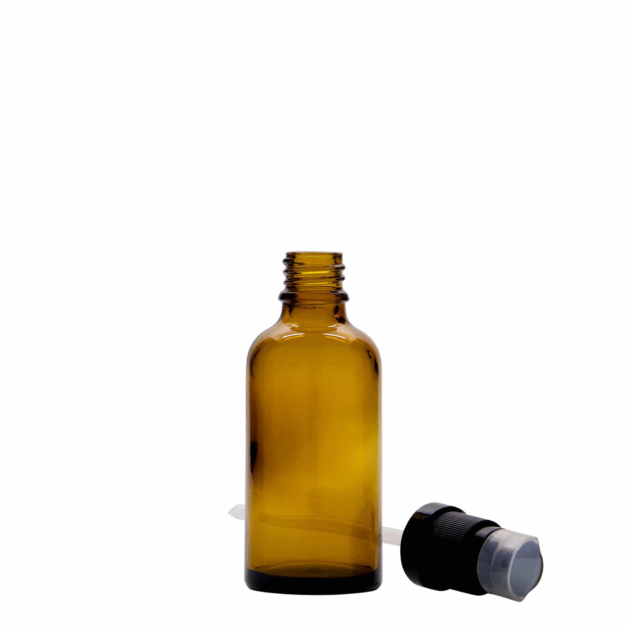 50 ml lääkepullo, jossa voidepumppu, lasia, ruskea, suuaukko: DIN 18 50 ml lääkepullo, jossa voidepumppu, lasia, ruskea, suuaukko: DIN 18