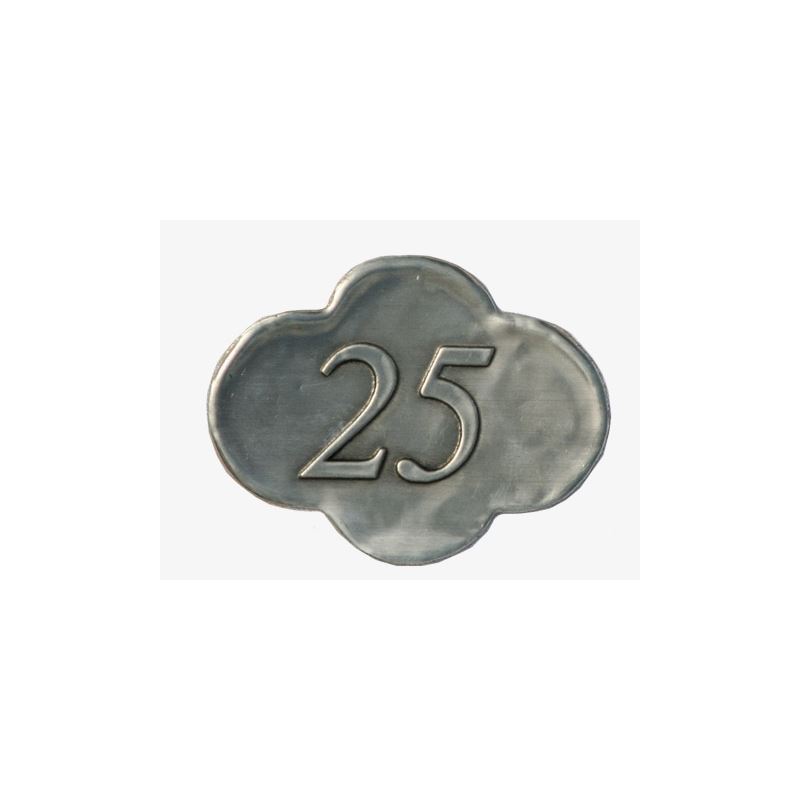 Tin label ”25”, metal, silver