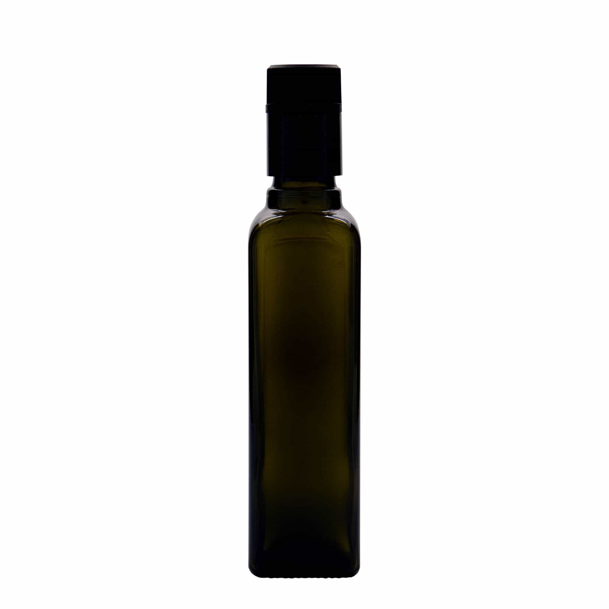 250 ml etikka-/öljypullo 'Quadra', lasi, neliö, antiikinvihreä, suu: DOP