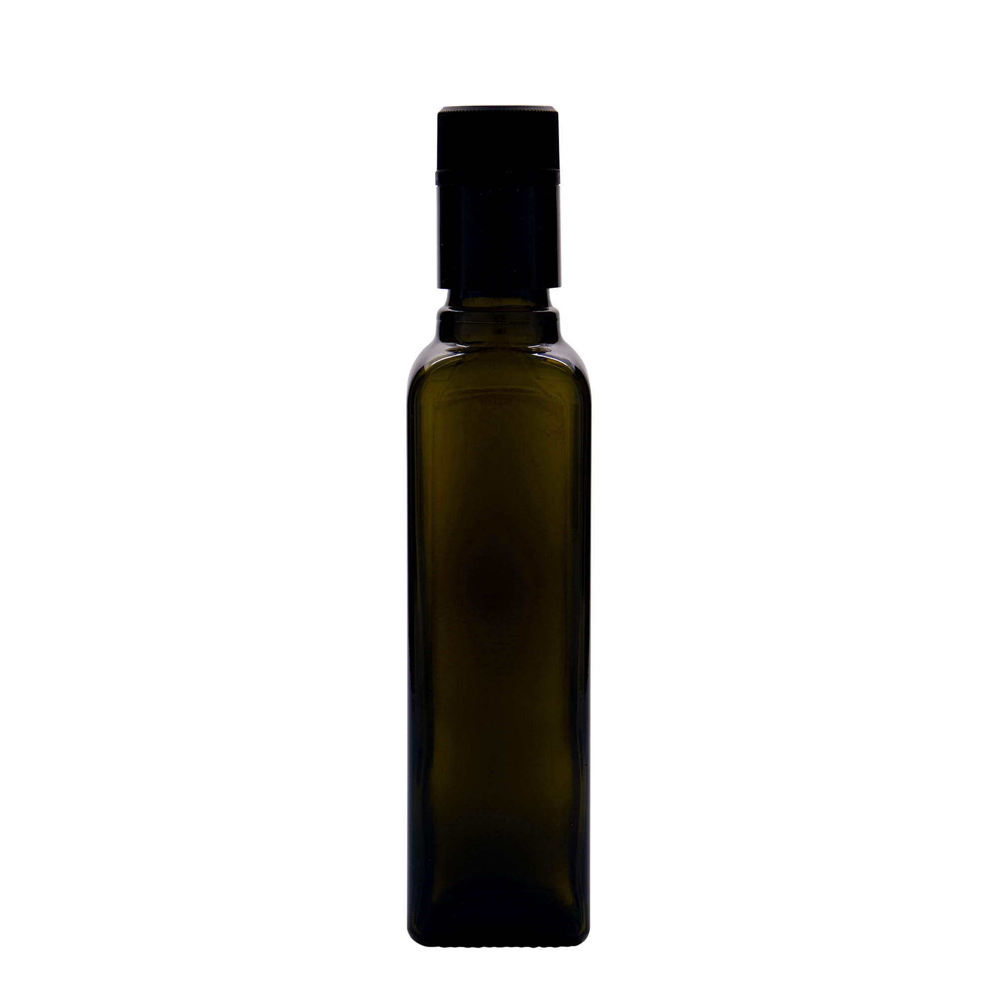 250 ml etikka-/öljypullo ”Quadra”, lasia, neliönmuotoinen, antiikkivihreä, suuaukko: DOP