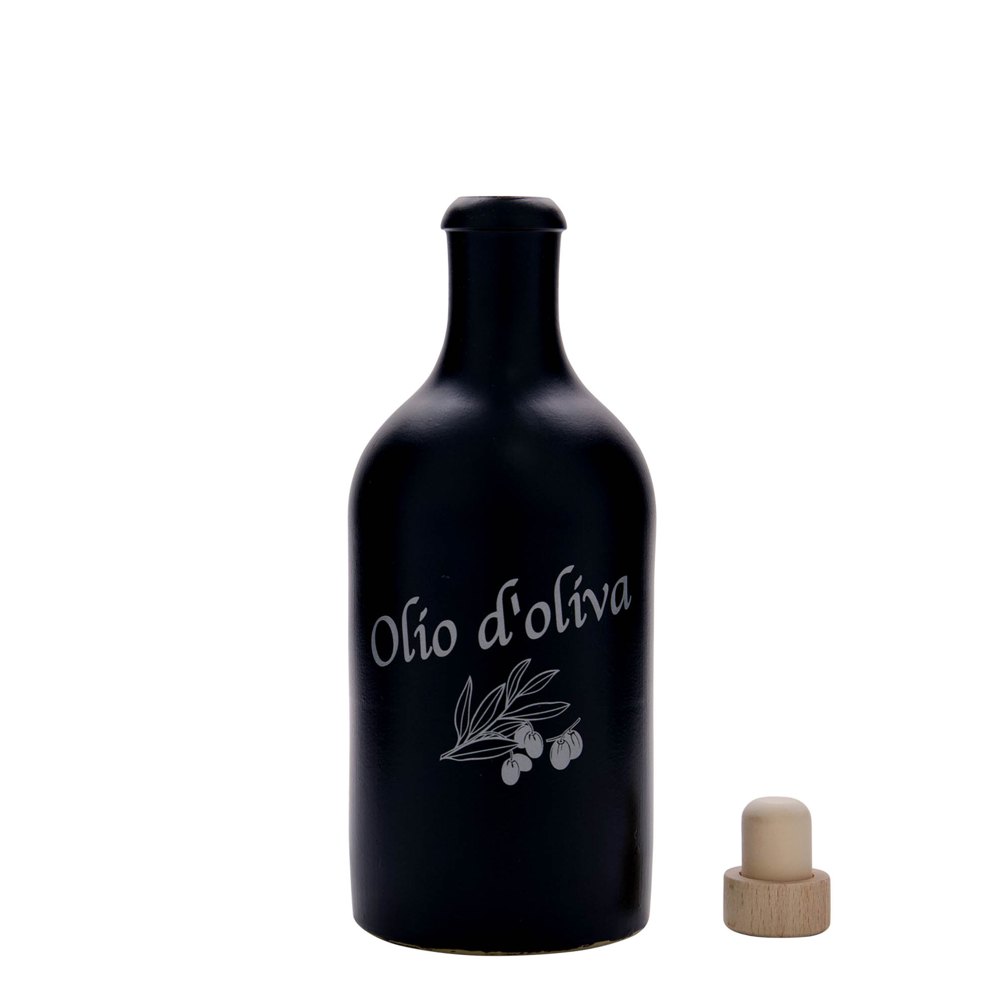 500 ml tonkannu, kuvio: Olio d'Oliva, savi, musta, suuaukko: korkki 500 ml tonkannu, kuvio: Olio d'Oliva, savi, musta, suuaukko: korkki