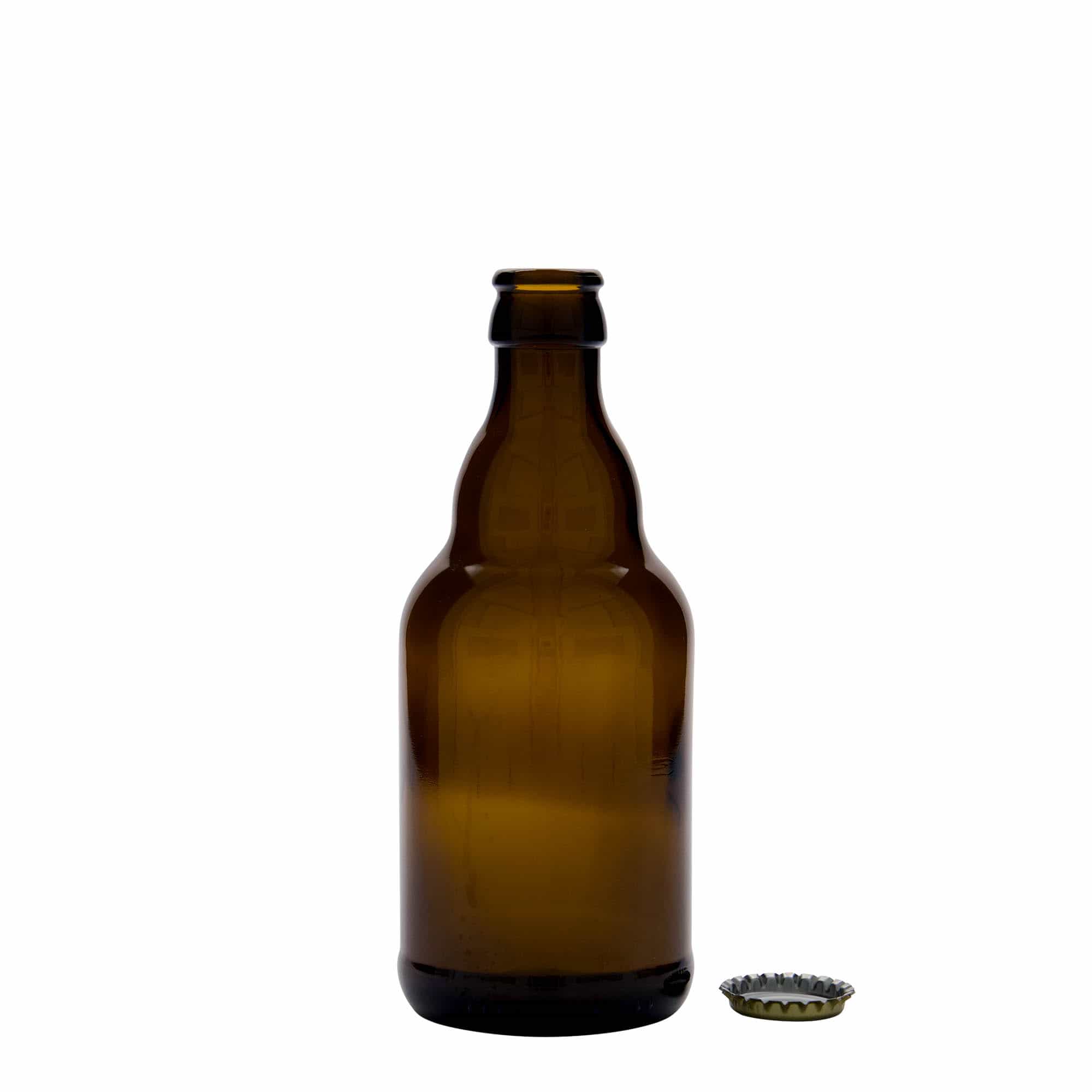 330 ml olutpullo ”Steinie”, lasia, ruskea, suuaukko: kruunukorkki