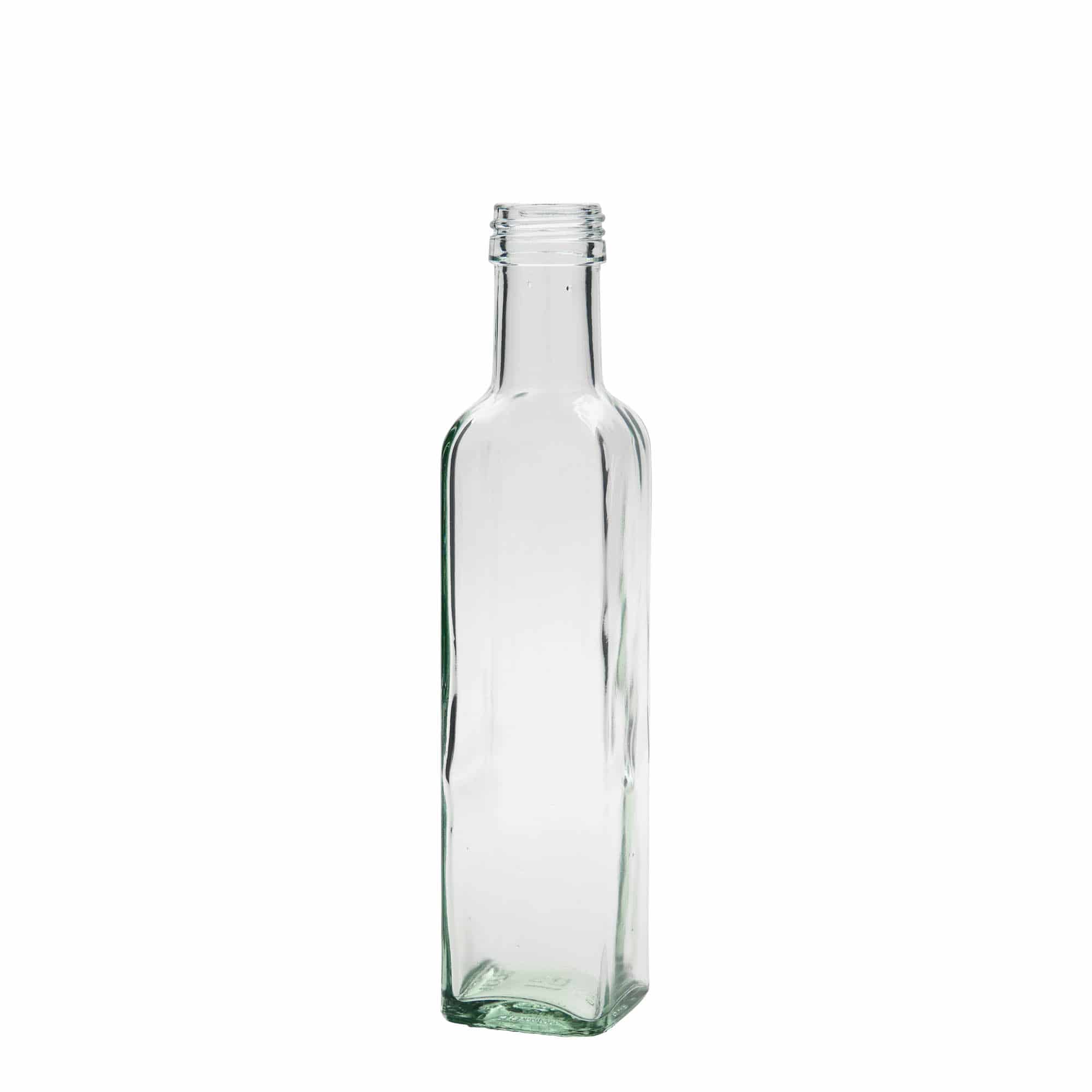 250 ml lasipullo ”Marasca”, neliömäinen, suuaukko: PP 31,5