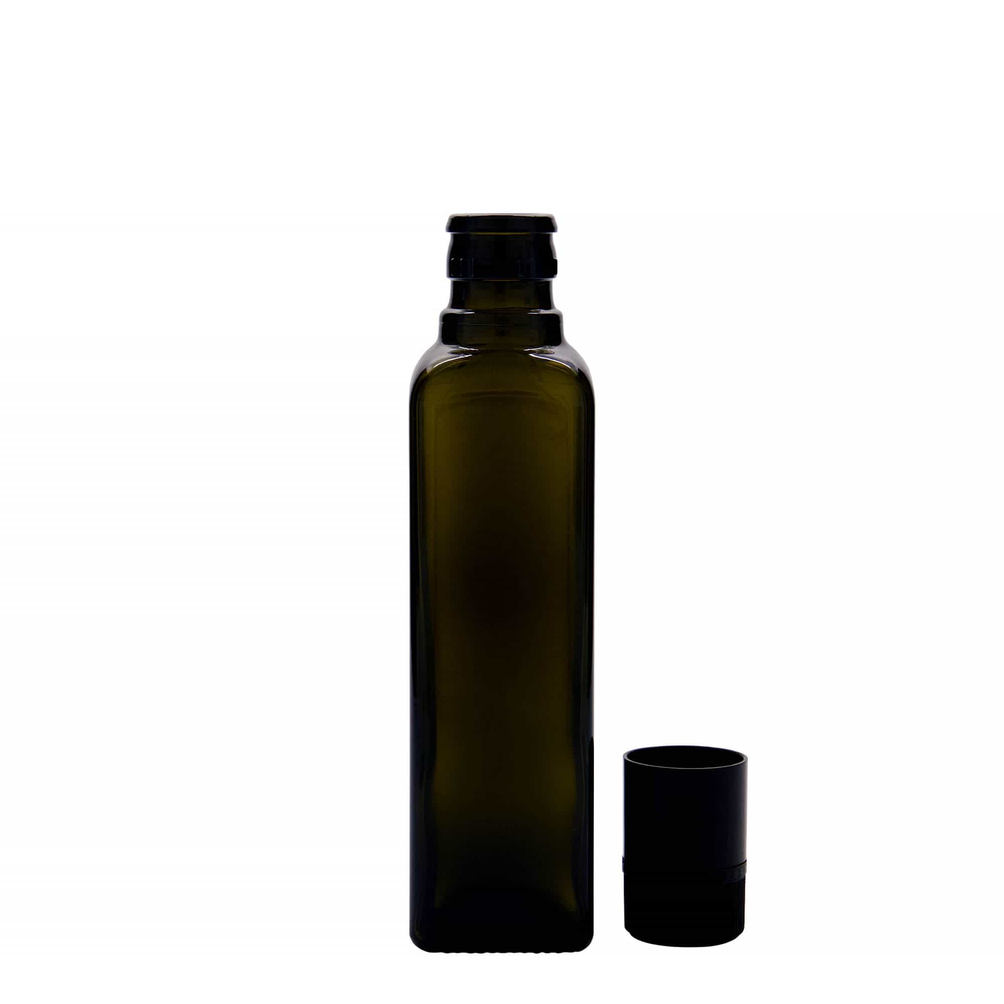 250 ml etikka-/öljypullo 'Quadra', lasia, neliönmuotoinen, antiikkivihreä, suuaukko: DOP