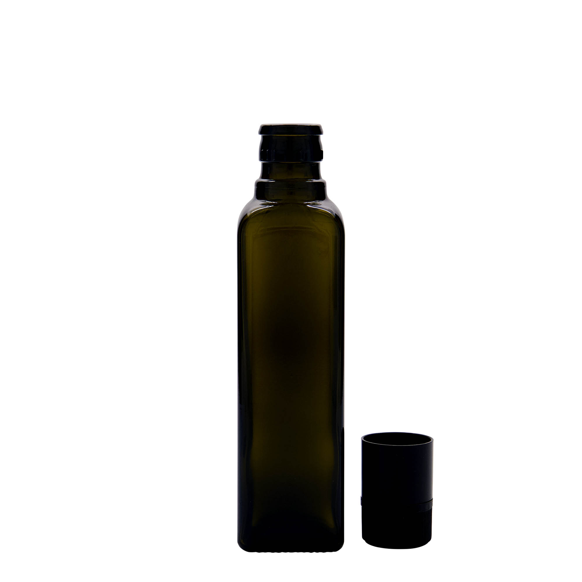 250 ml etikka-/öljypullo ”Quadra”, lasia, neliönmuotoinen, antiikkivihreä, suuaukko: DOP