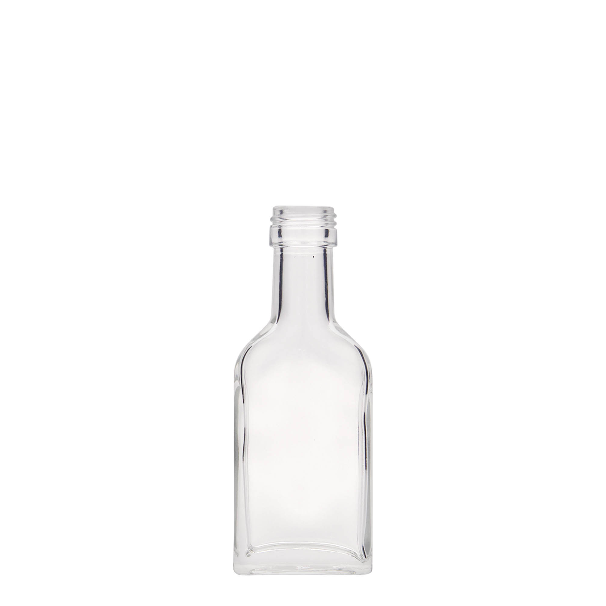 40 ml taskupullo pitkäkaulainen, suorakulmainen, lasia, suuaukko: PP 22 40 ml taskupullo pitkäkaulainen, suorakulmainen, lasia, suuaukko: PP 22