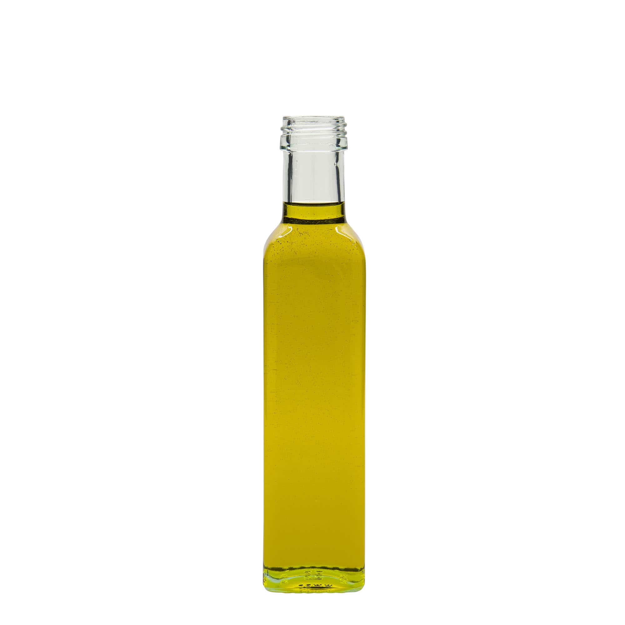 250 ml lasipullo ”Marasca”, neliömäinen, suuaukko: PP 31,5