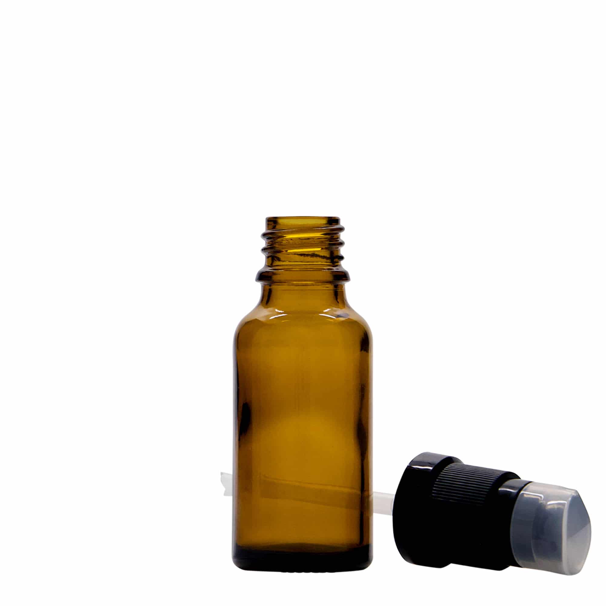 20 ml lääkepullo, jossa voidepumppu, lasia, ruskea, suuaukko: DIN 18 20 ml lääkepullo, jossa voidepumppu, lasia, ruskea, suuaukko: DIN 18