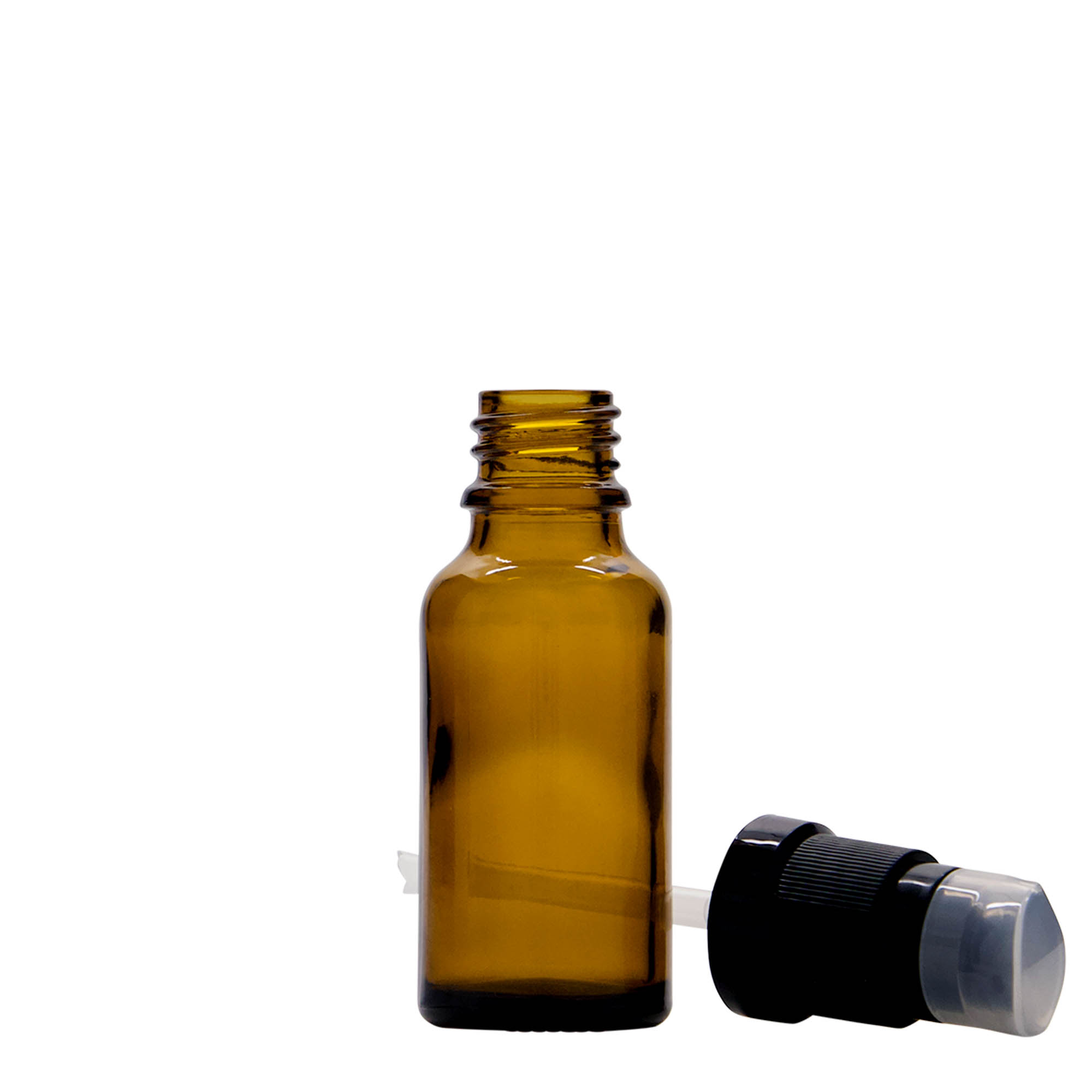 20 ml lääkepullo, jossa voidepumppu, lasia, ruskea, suuaukko: DIN 18 20 ml lääkepullo, jossa voidepumppu, lasia, ruskea, suuaukko: DIN 18