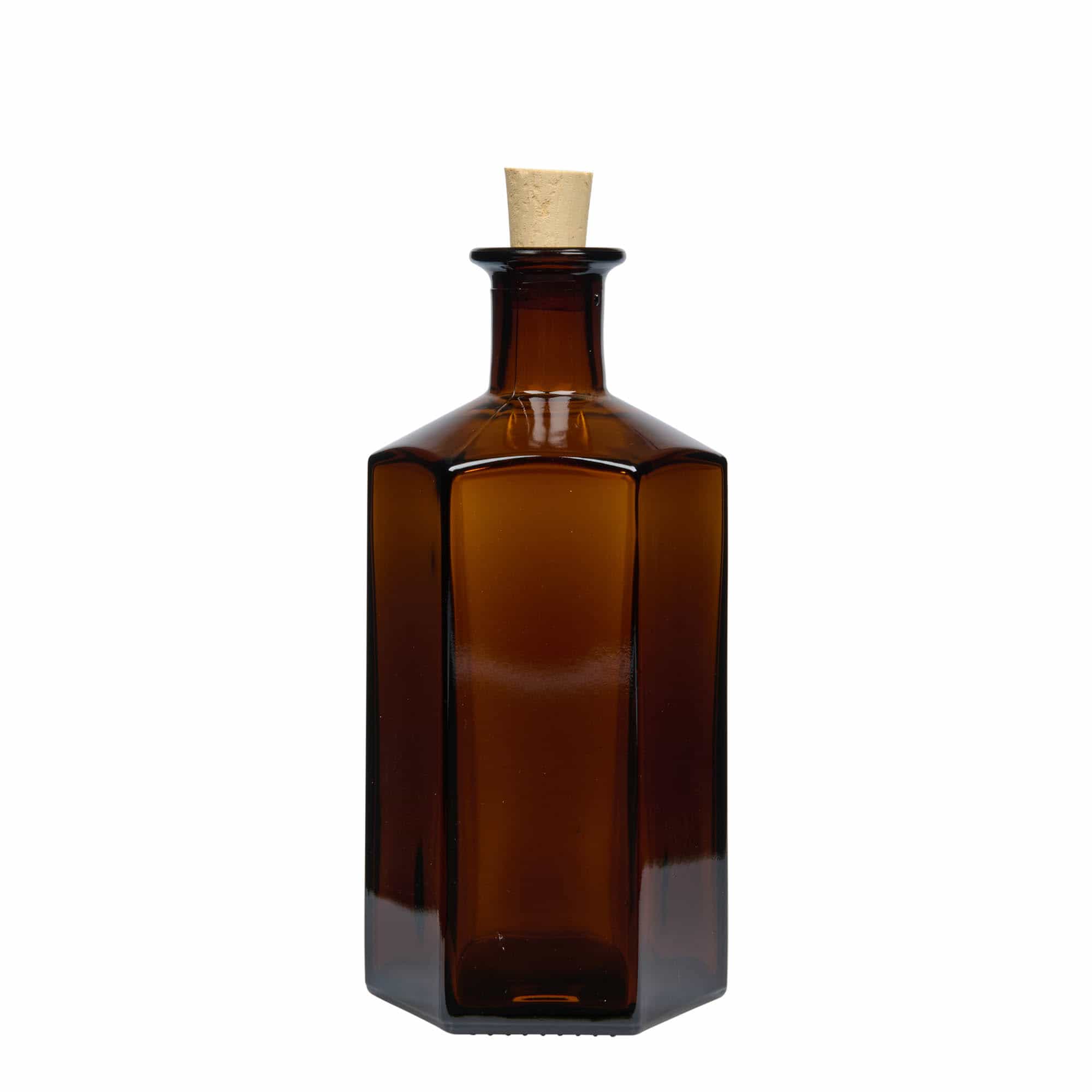 500 ml apteekkarin lasipullo 'Jimmy'. kuusikulmainen. ruskea. suu: korkki