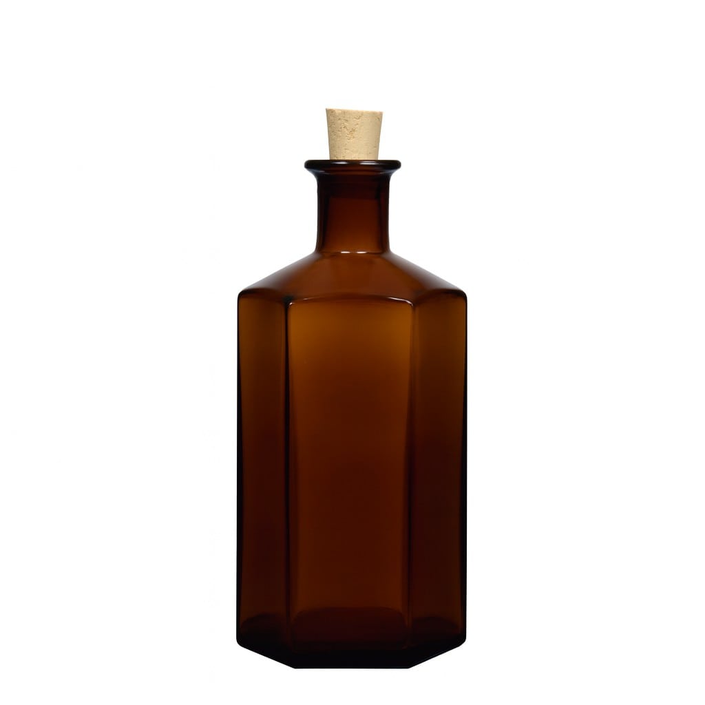 500 ml lasipullo apteekkari ”Jimmy”, kuusikulmainen, ruskea, suuaukko: korkki