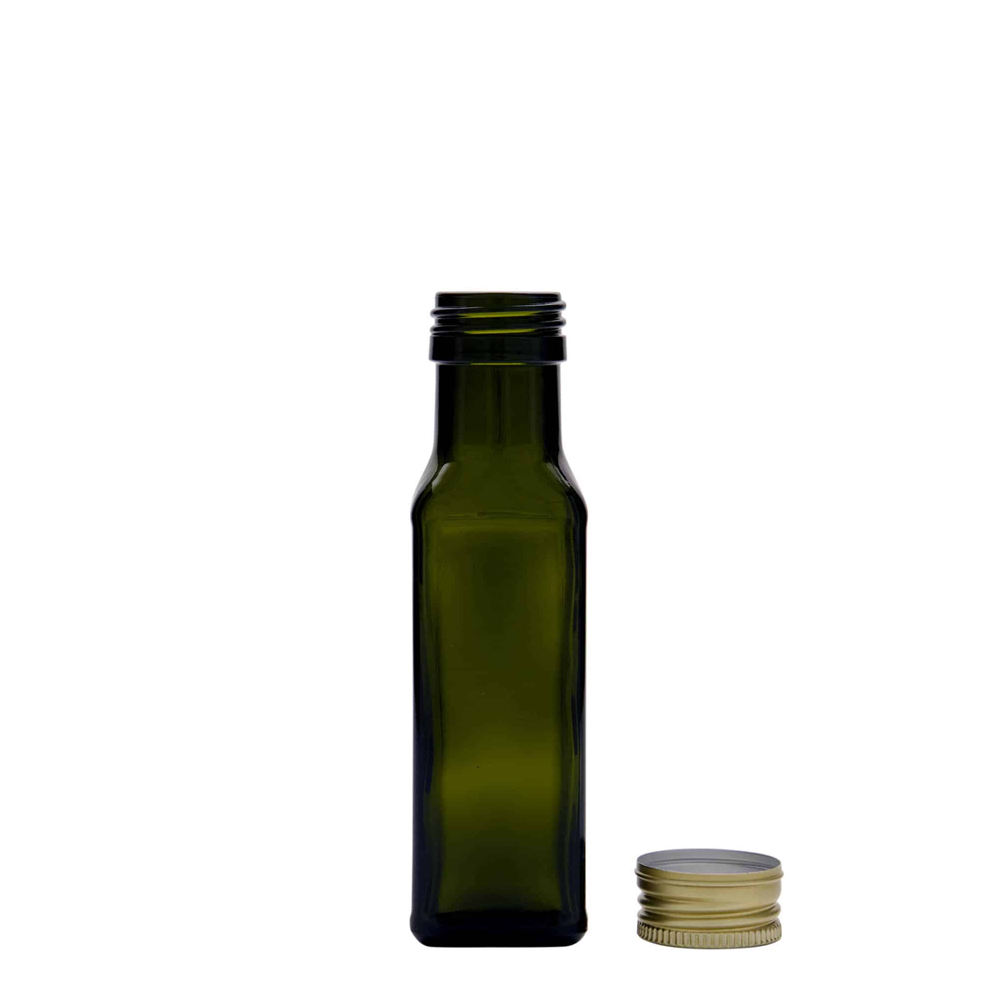 100 ml lasipullo 'Marasca', neliö, antiikinvihreä, suu: PP 31,5 100 ml lasipullo 'Marasca', neliö, antiikinvihreä, suu: PP 31,5