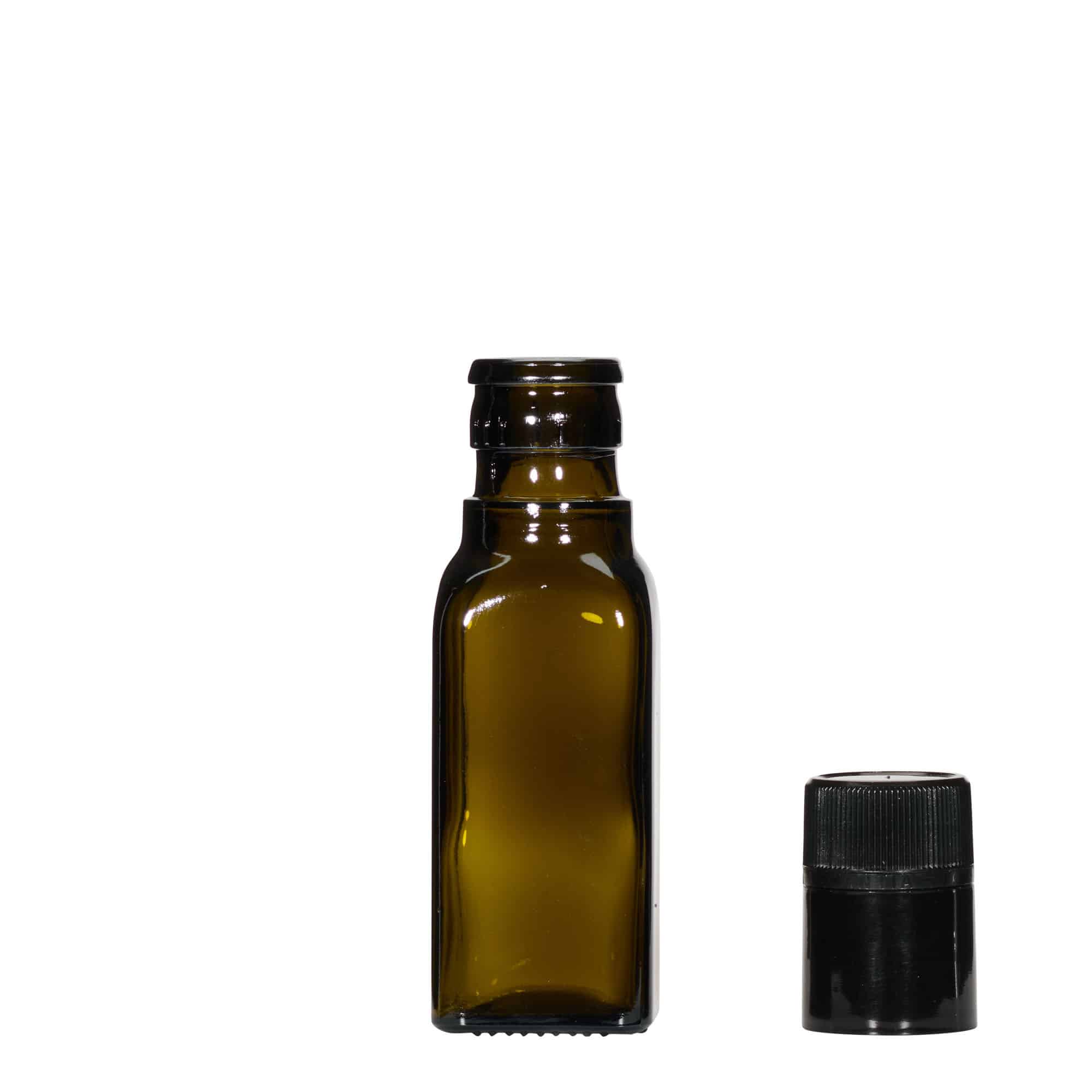 100 ml etikka-/öljypullo 'Quadra', lasi, neliö, antiikinvihreä, suu: DOP