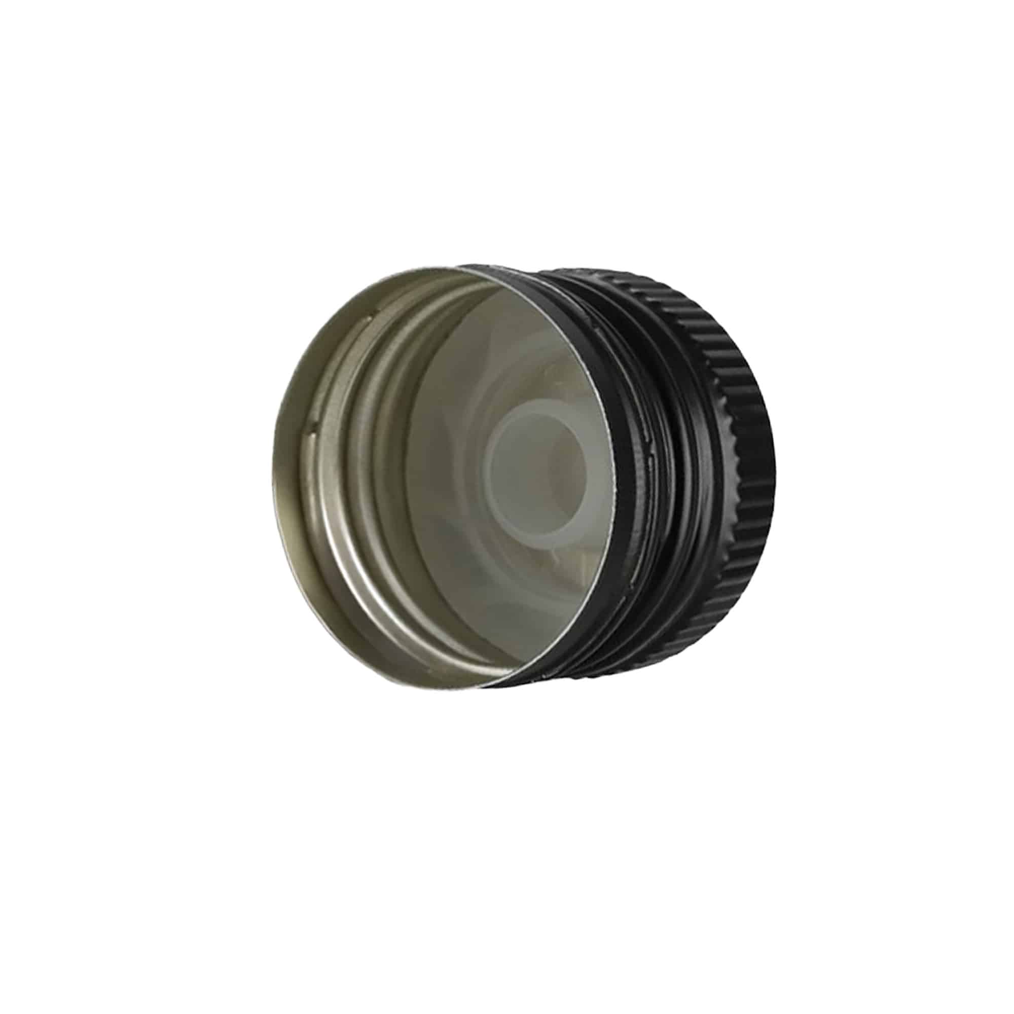 Ruuvikorkki kaatonokan kanssa, metalli-muovi, musta, suulle: PP 31,5