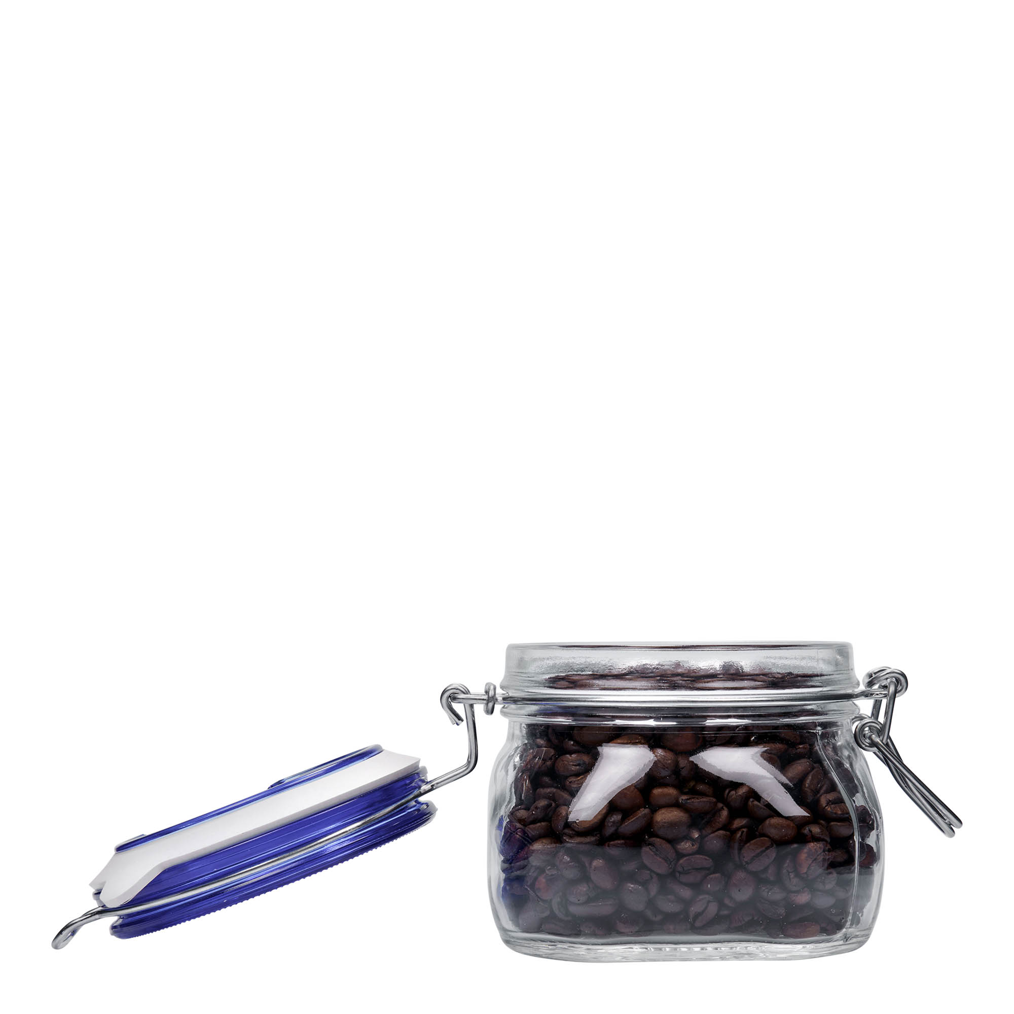 500 ml langallinen lasipurkki 'Fido' sininen kansi, neliömäinen, suu: langallinen suljin 500 ml langallinen lasipurkki 'Fido' sininen kansi, neliömäinen, suu: langallinen suljin