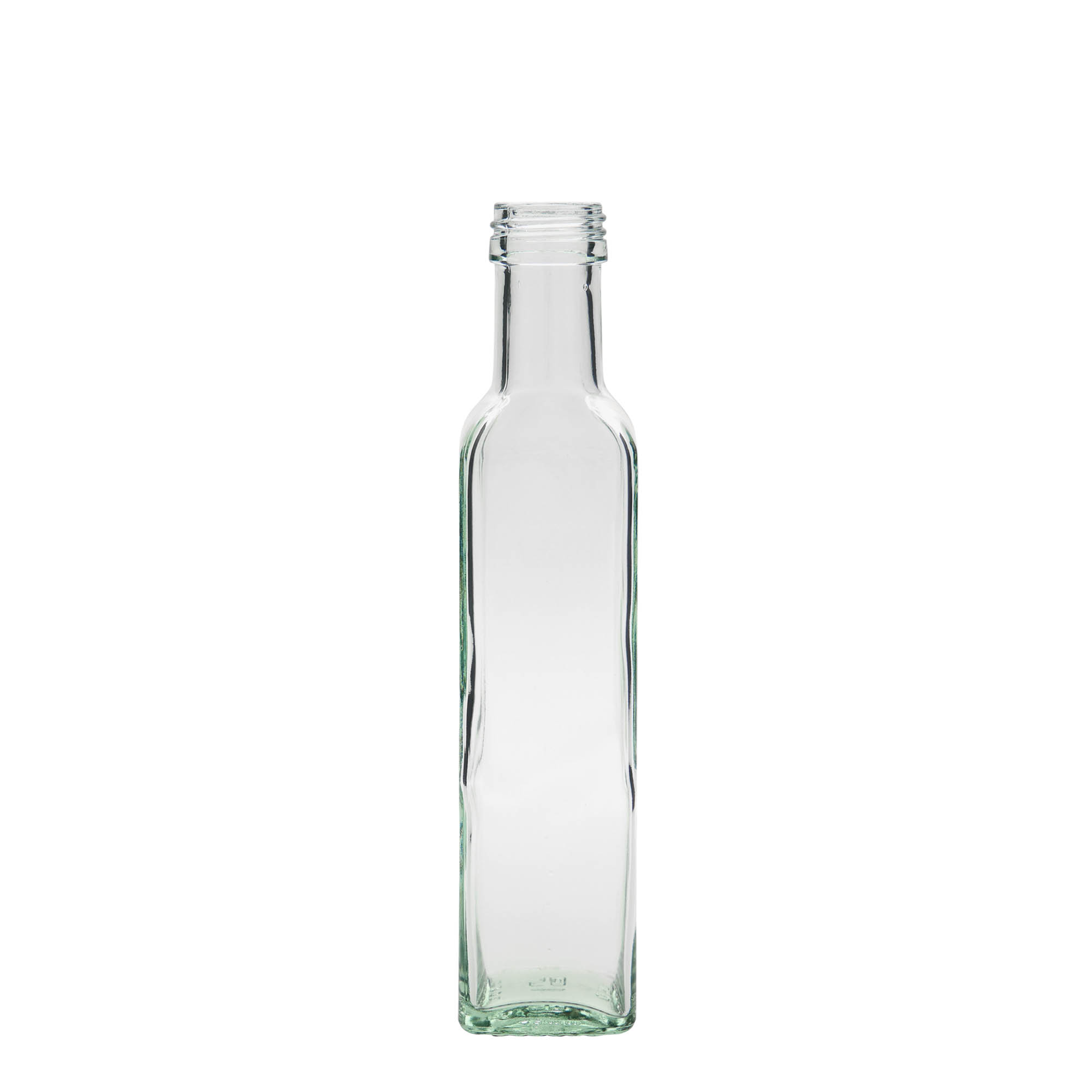 250 ml lasipullo ”Marasca”, neliömäinen, suuaukko: PP 31,5
