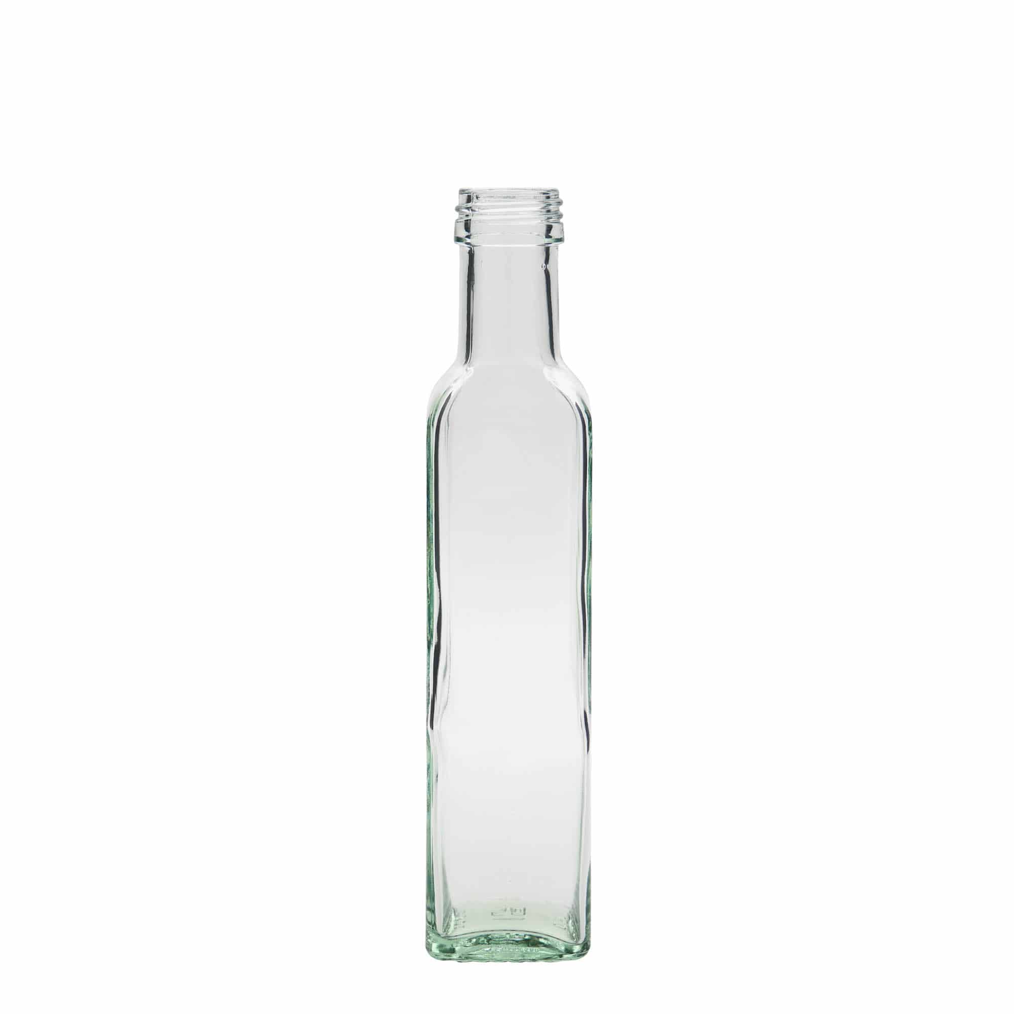 250 ml lasipullo ”Marasca”, neliömäinen, suuaukko: PP 31,5