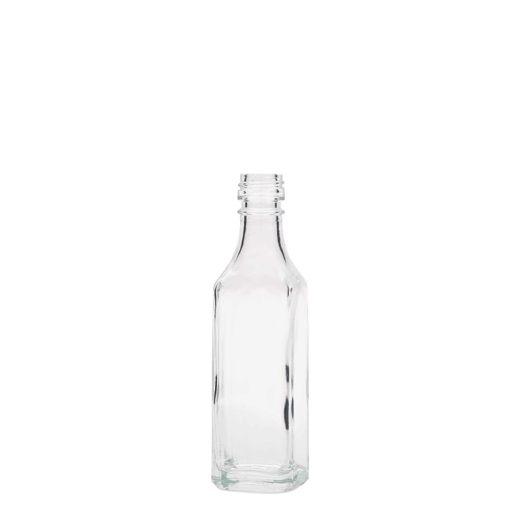 50 ml lasipullo 'Siena', neliömäinen, suuaukko: PP 18 50 ml lasipullo 'Siena', neliömäinen, suuaukko: PP 18