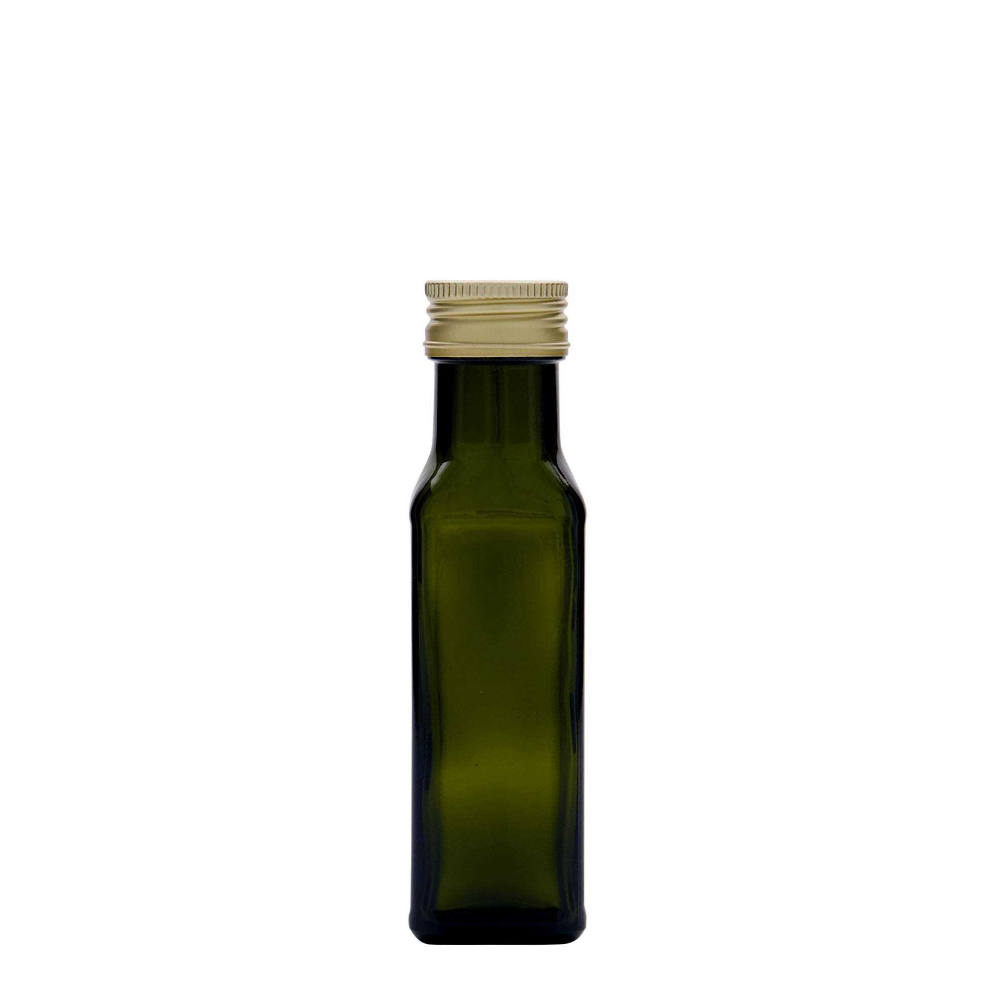 100 ml lasipullo 'Marasca', neliömäinen, antiikkivihreä, suuaukko: PP 31,5