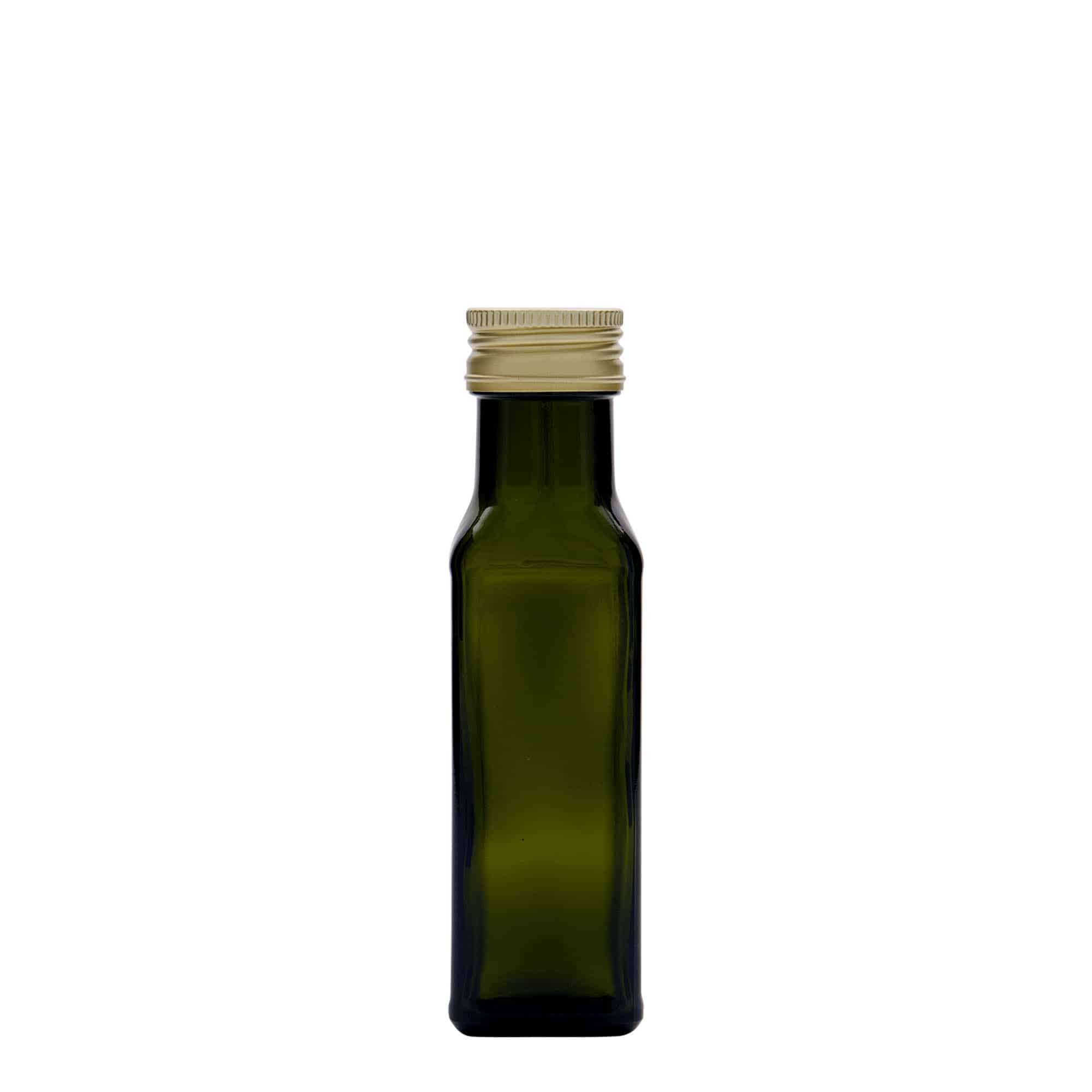 100 ml lasipullo ”Marasca”, neliömäinen, antiikkivihreä, suuaukko: PP 31,5