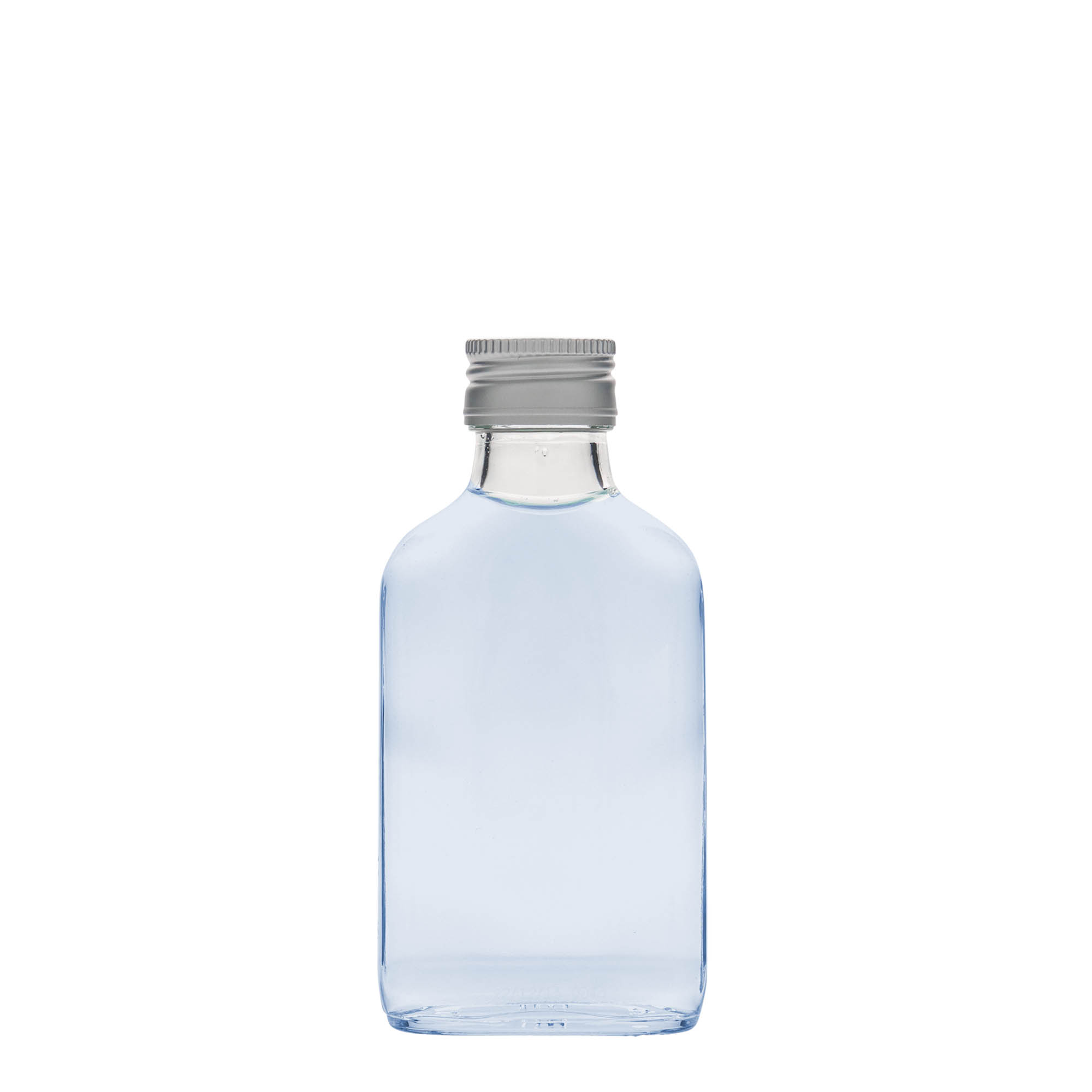 100 ml taskupullo, suorakulmainen, lasia, suuaukko: PP 28 100 ml taskupullo, suorakulmainen, lasia, suuaukko: PP 28