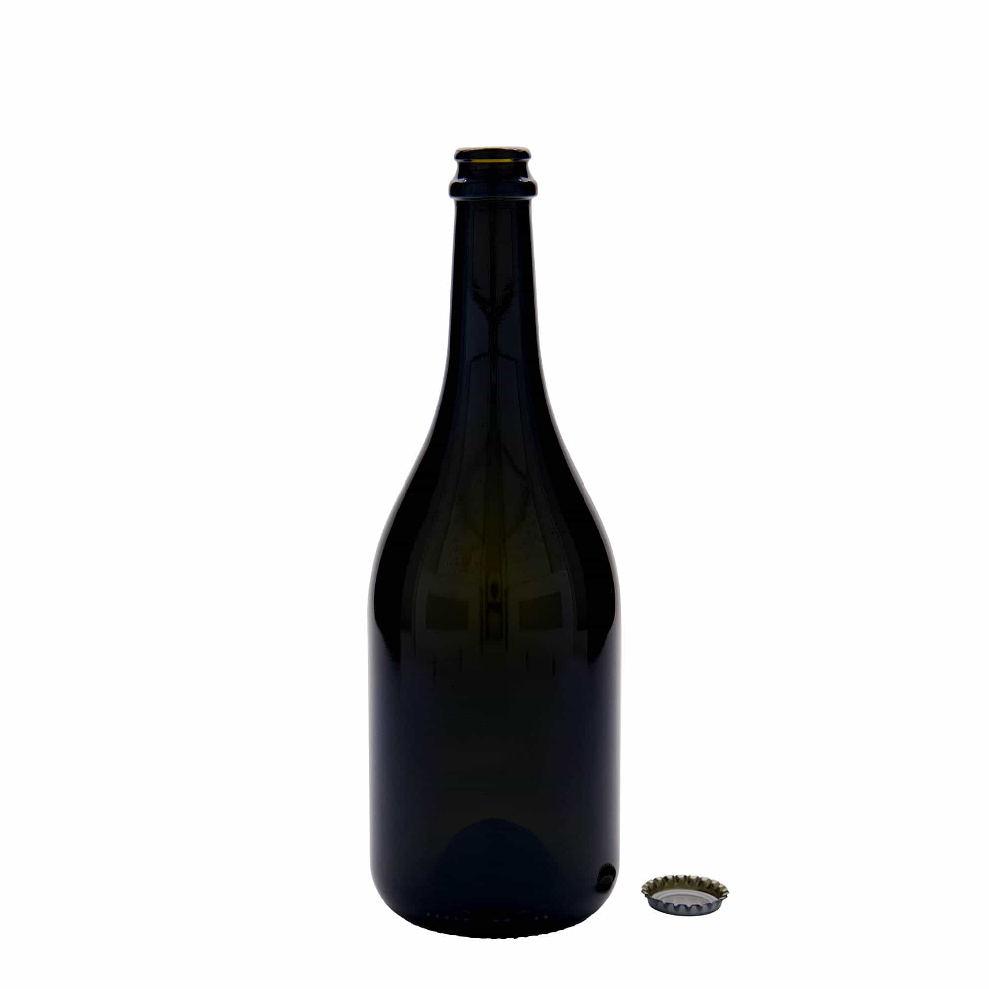 750 ml olutpullo 'Horta', lasi, antiikinvihreä, suu: kruunukorkki