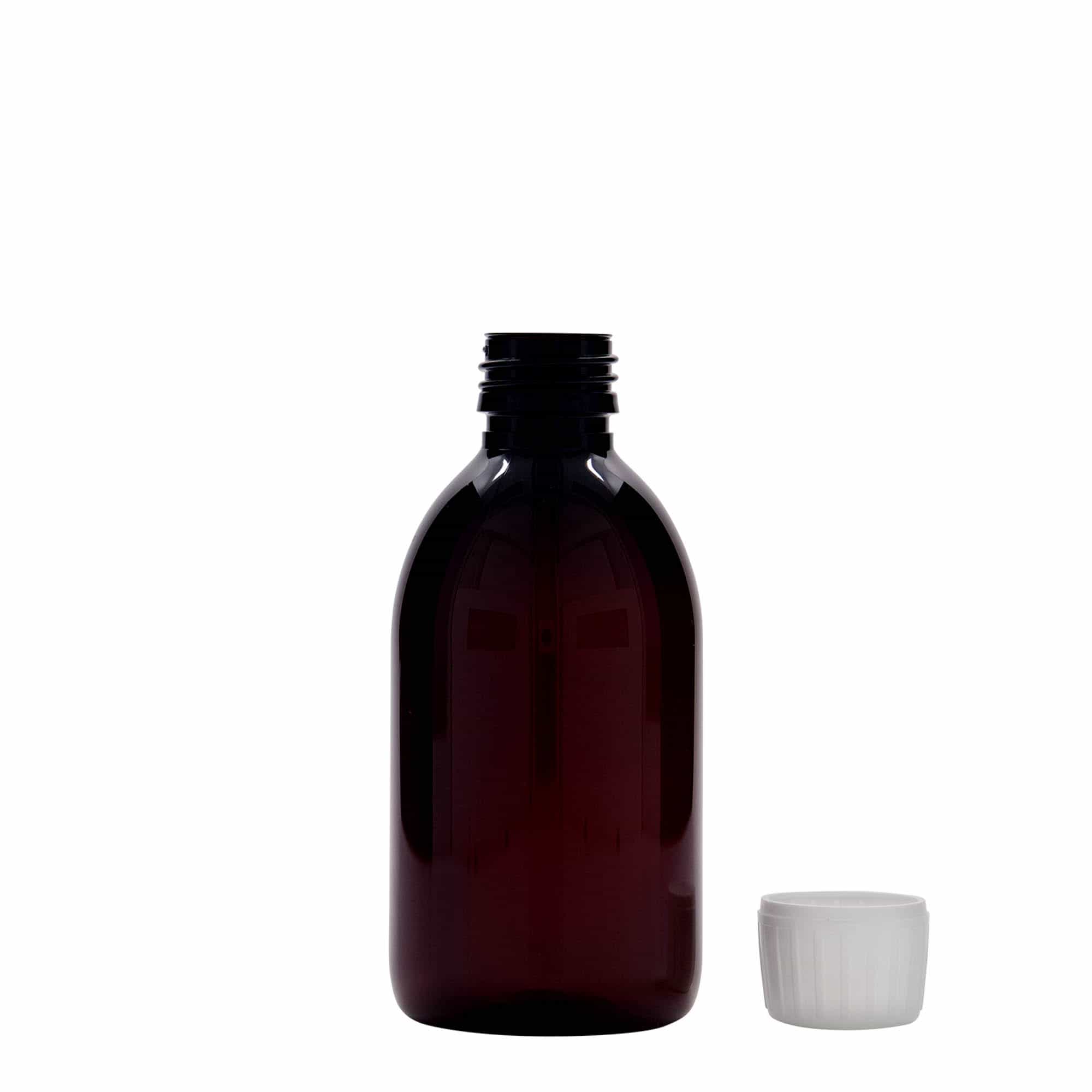 250 ml PET-lääkepullo, ruskea, muovi, suu: PP 28
