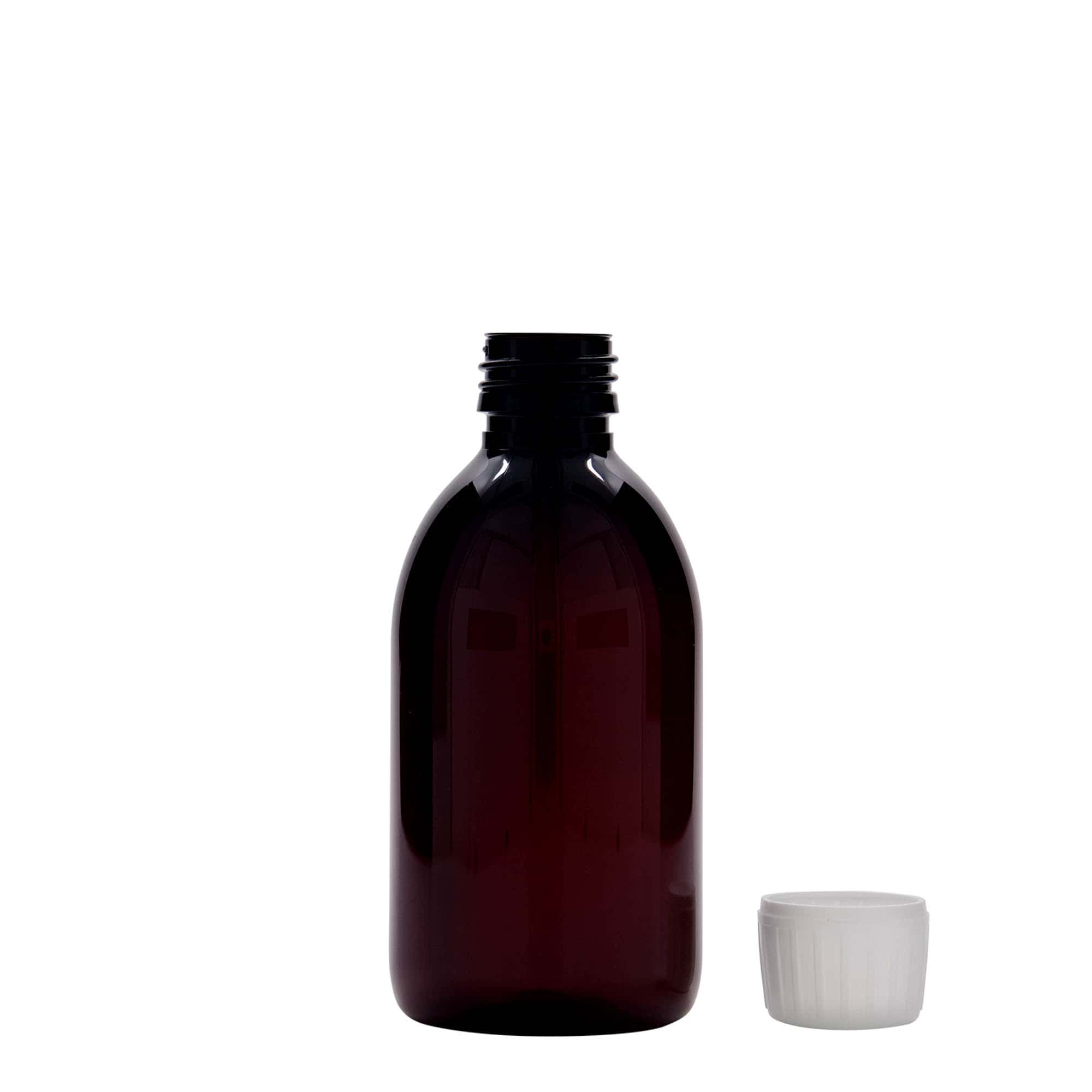 250 ml PET-lääkepullo, ruskea, muovi, suuaukko: PP 28