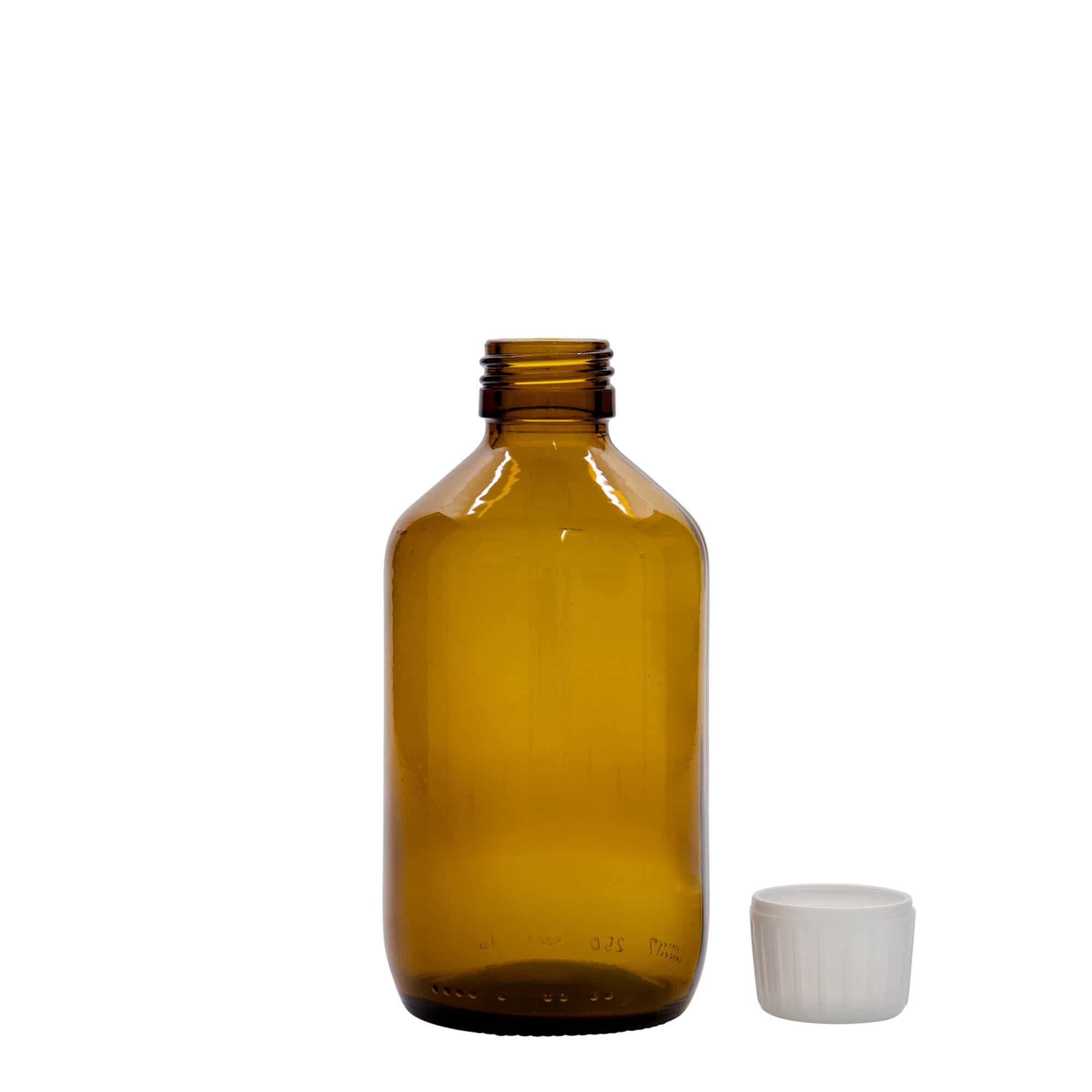 250 ml lääkepullo, ruskea, lasi, suu: PP 28