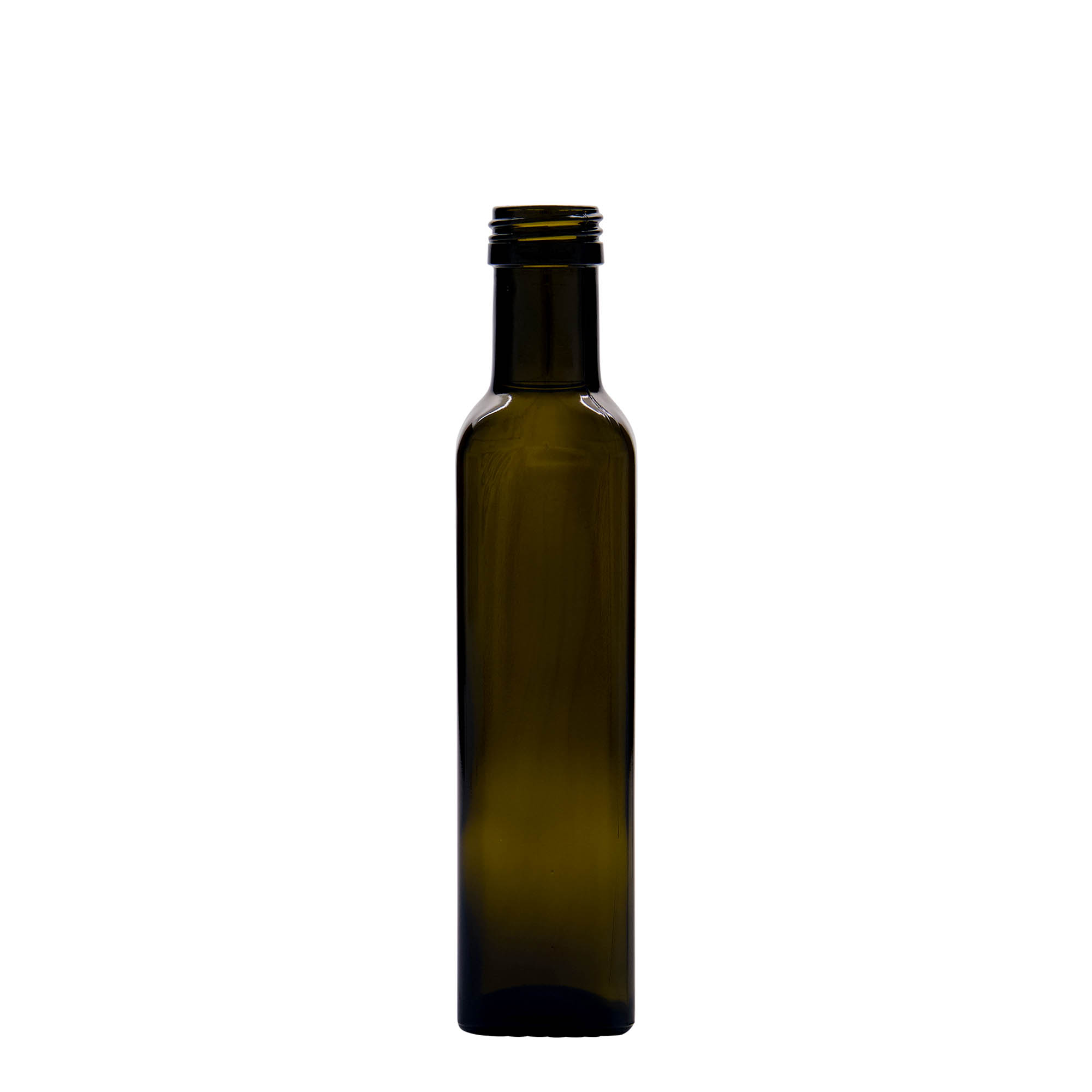 250 ml lasipullo 'Marasca', neliö, antiikkivihreä, suuaukko: PP 31,5 250 ml lasipullo 'Marasca', neliö, antiikkivihreä, suuaukko: PP 31,5