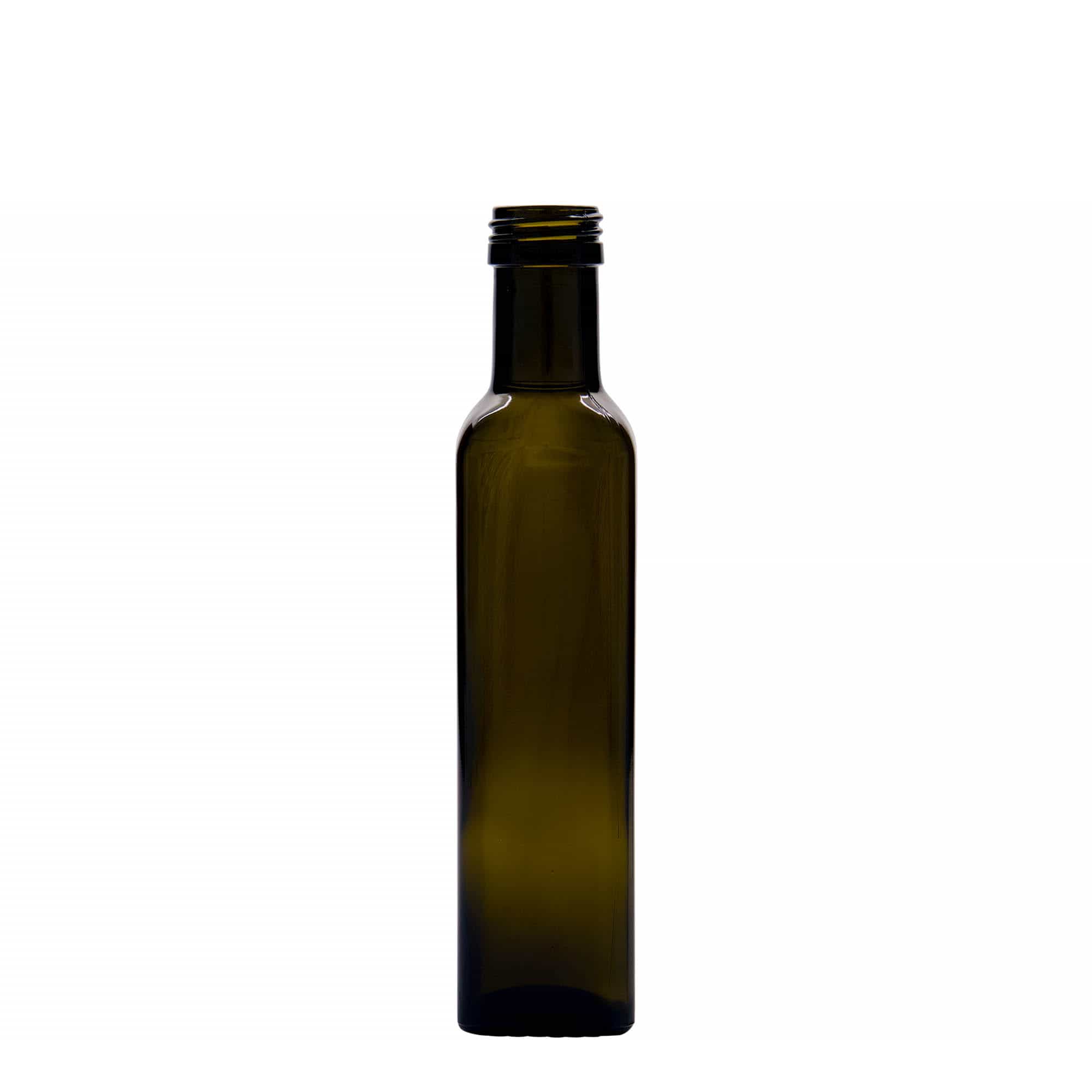 250 ml lasipullo ”Marasca”, neliö, antiikkivihreä, suuaukko: PP 31,5