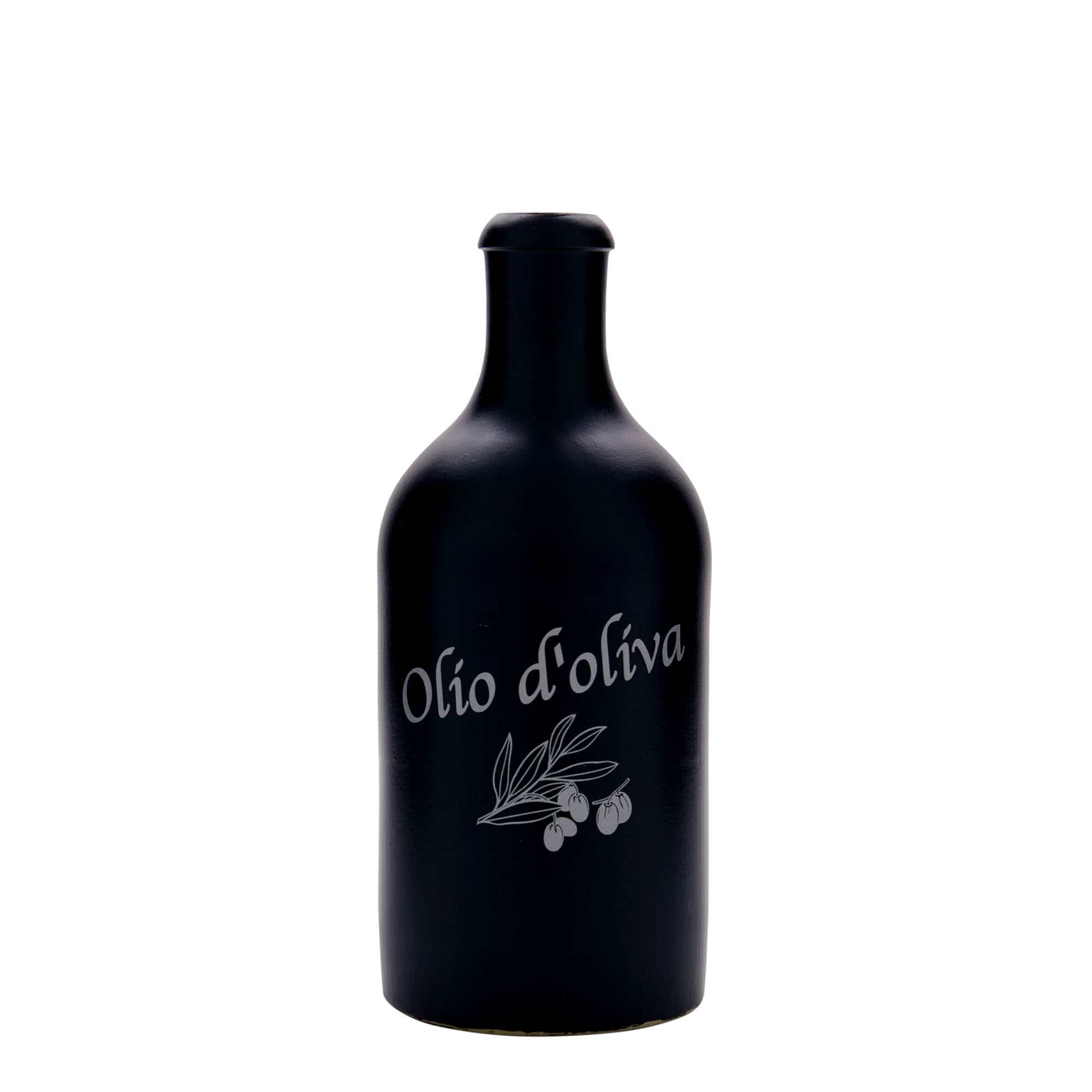 500 ml savituoppi, kuvio: Olio d'Oliva, keraaminen, musta, suu: korkki 500 ml savituoppi, kuvio: Olio d'Oliva, keraaminen, musta, suu: korkki