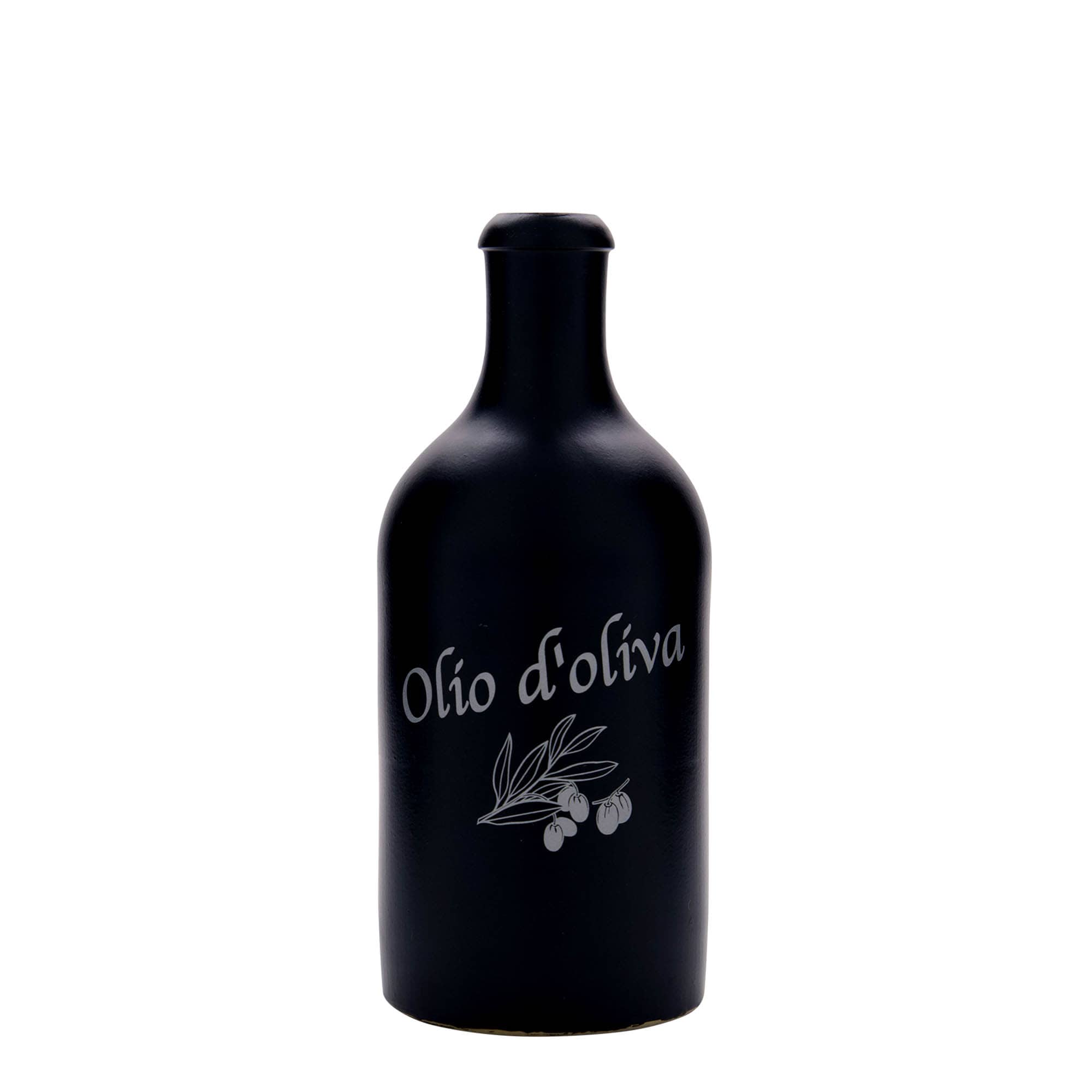 500 ml tonkannu, kuvio: Olio d'Oliva, savi, musta, suuaukko: korkki
