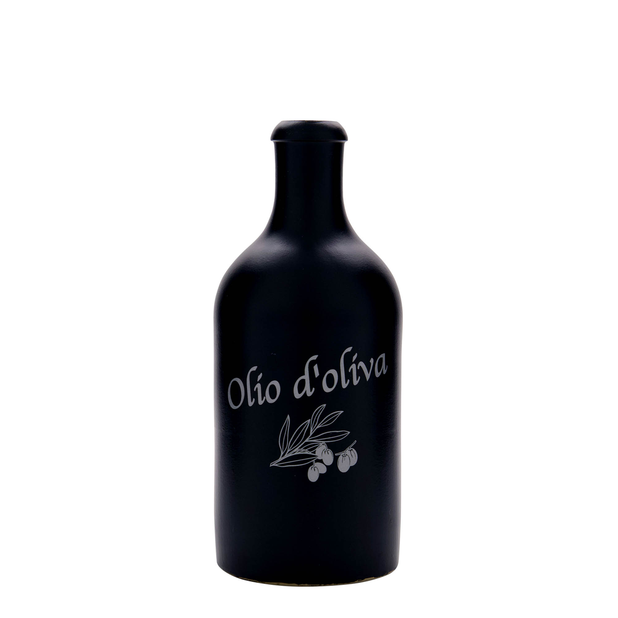 500 ml tonkannu, kuvio: Olio d'Oliva, savi, musta, suuaukko: korkki 500 ml tonkannu, kuvio: Olio d'Oliva, savi, musta, suuaukko: korkki