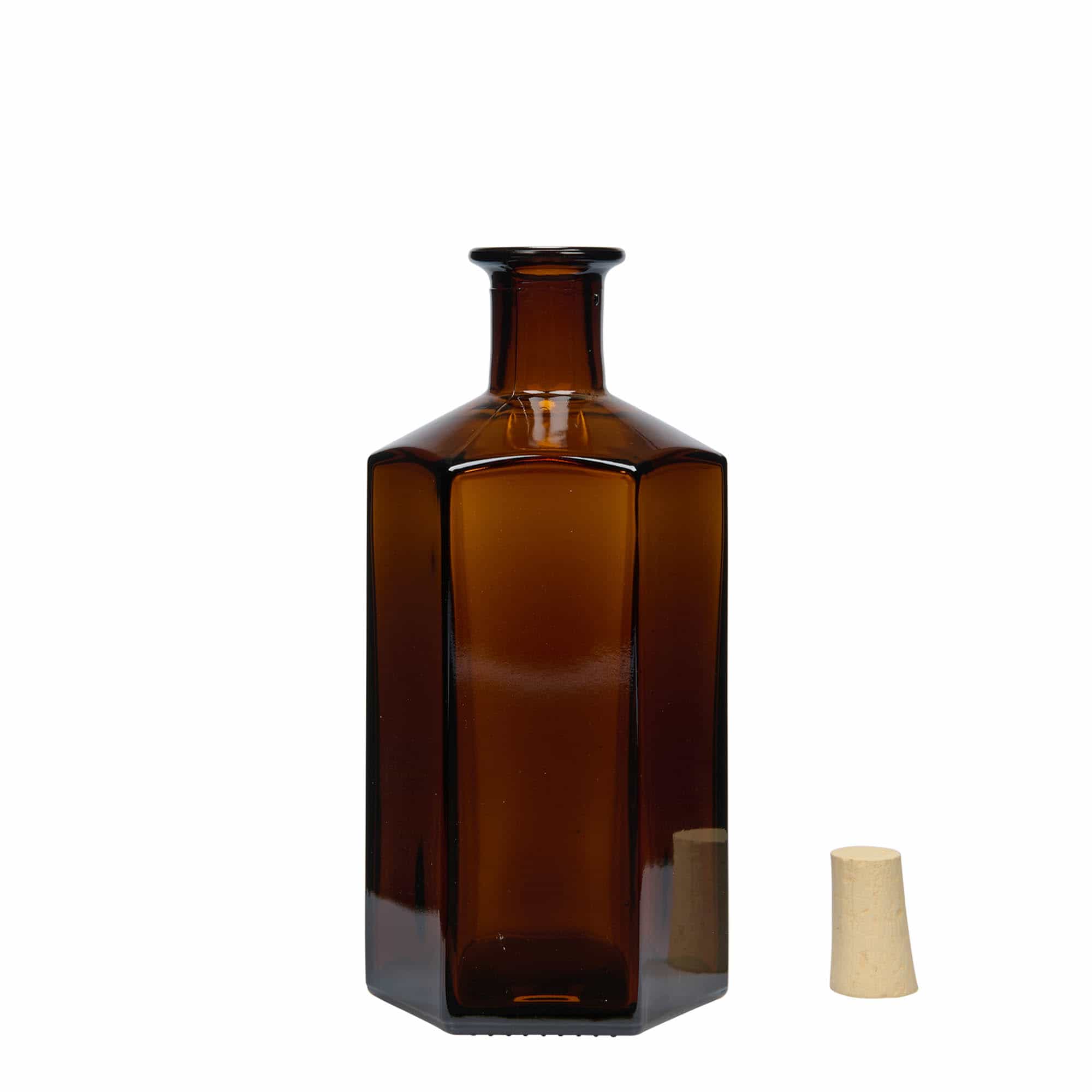 500 ml apteekkarin lasipullo 'Jimmy'. kuusikulmainen. ruskea. suu: korkki