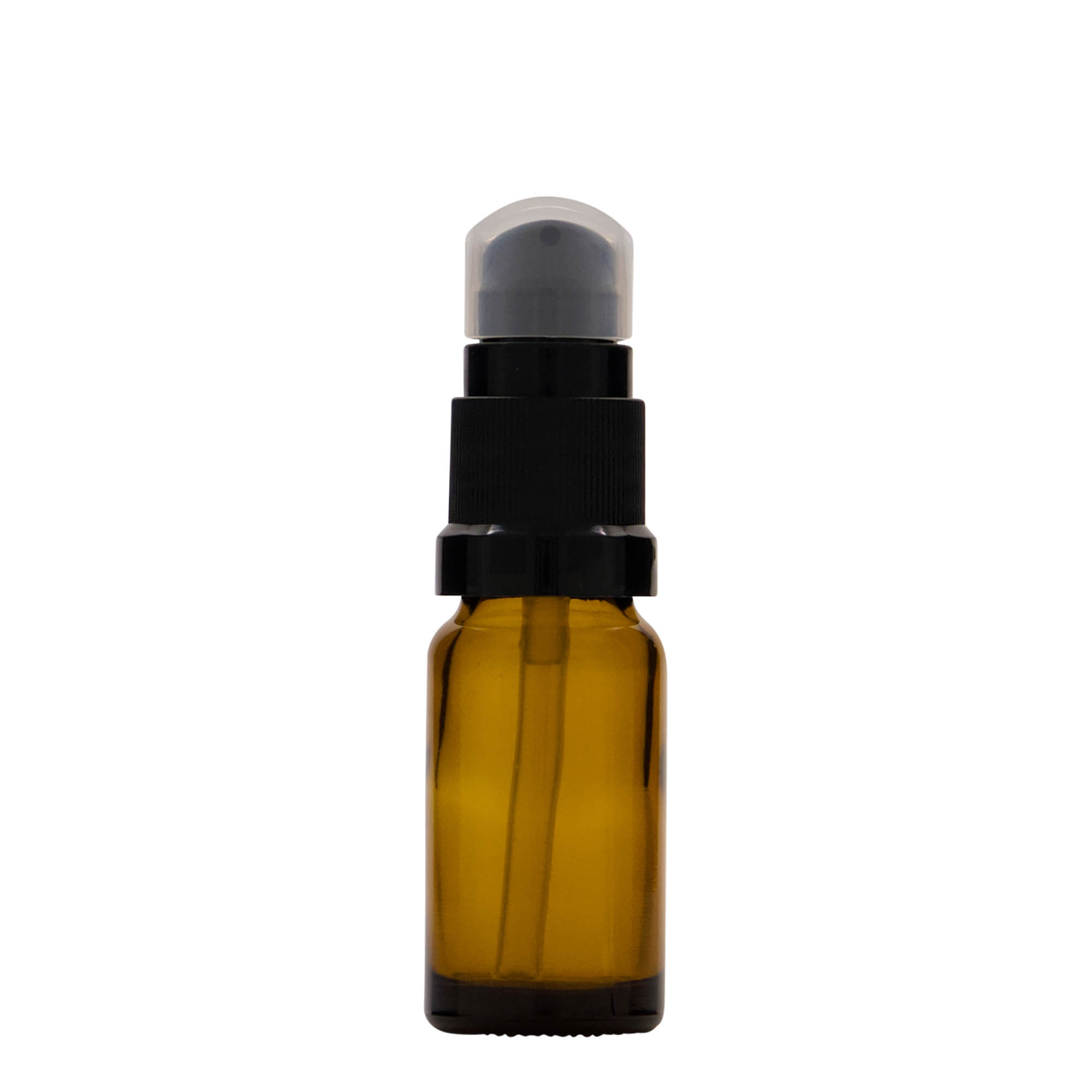 10 ml lääkepullo hoitonestepumpulla, lasia, ruskea, suuaukko: DIN 18