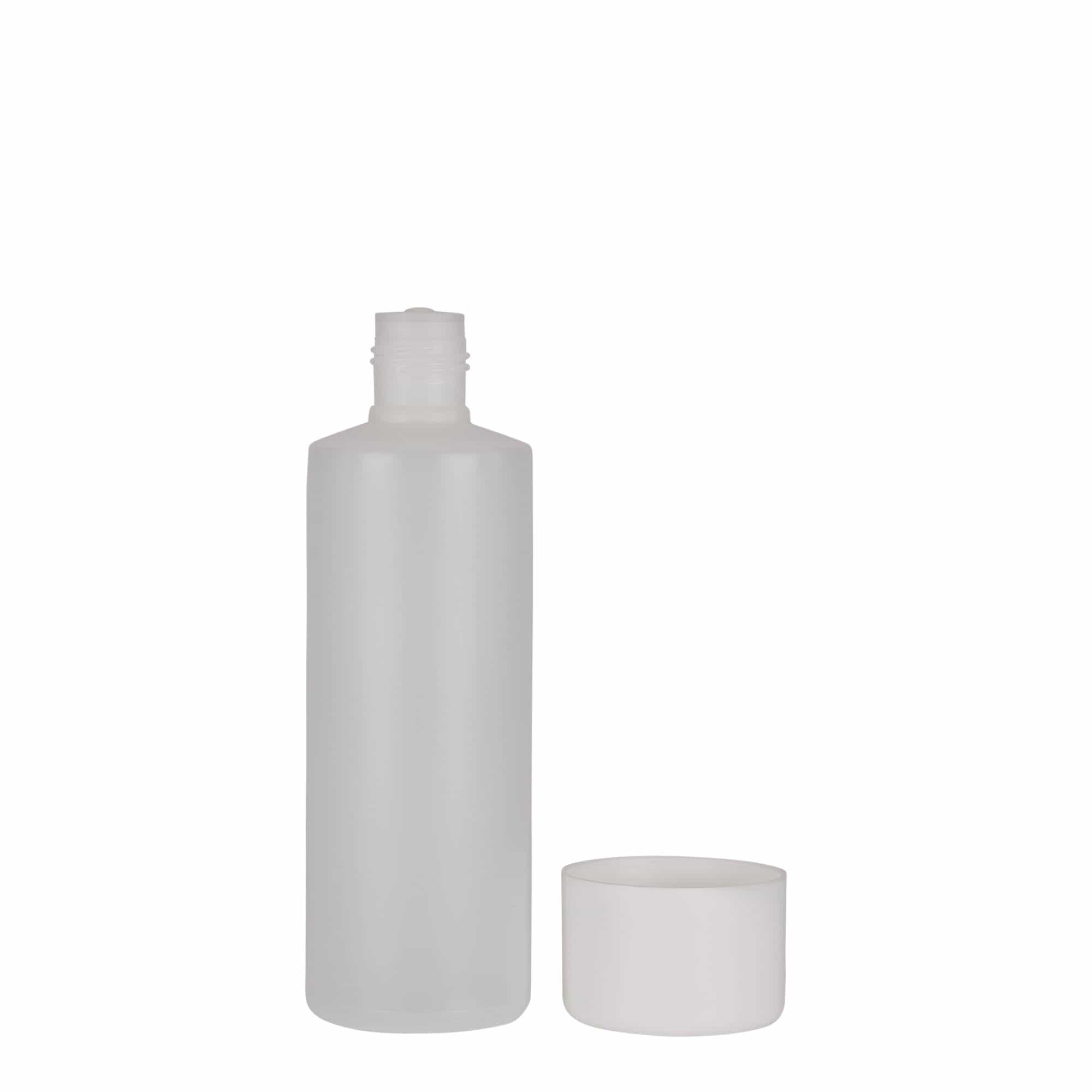 200 ml pyöreä pullo, PE-muovi, luonnonvärinen, suuaukko: ruuvikorkki
